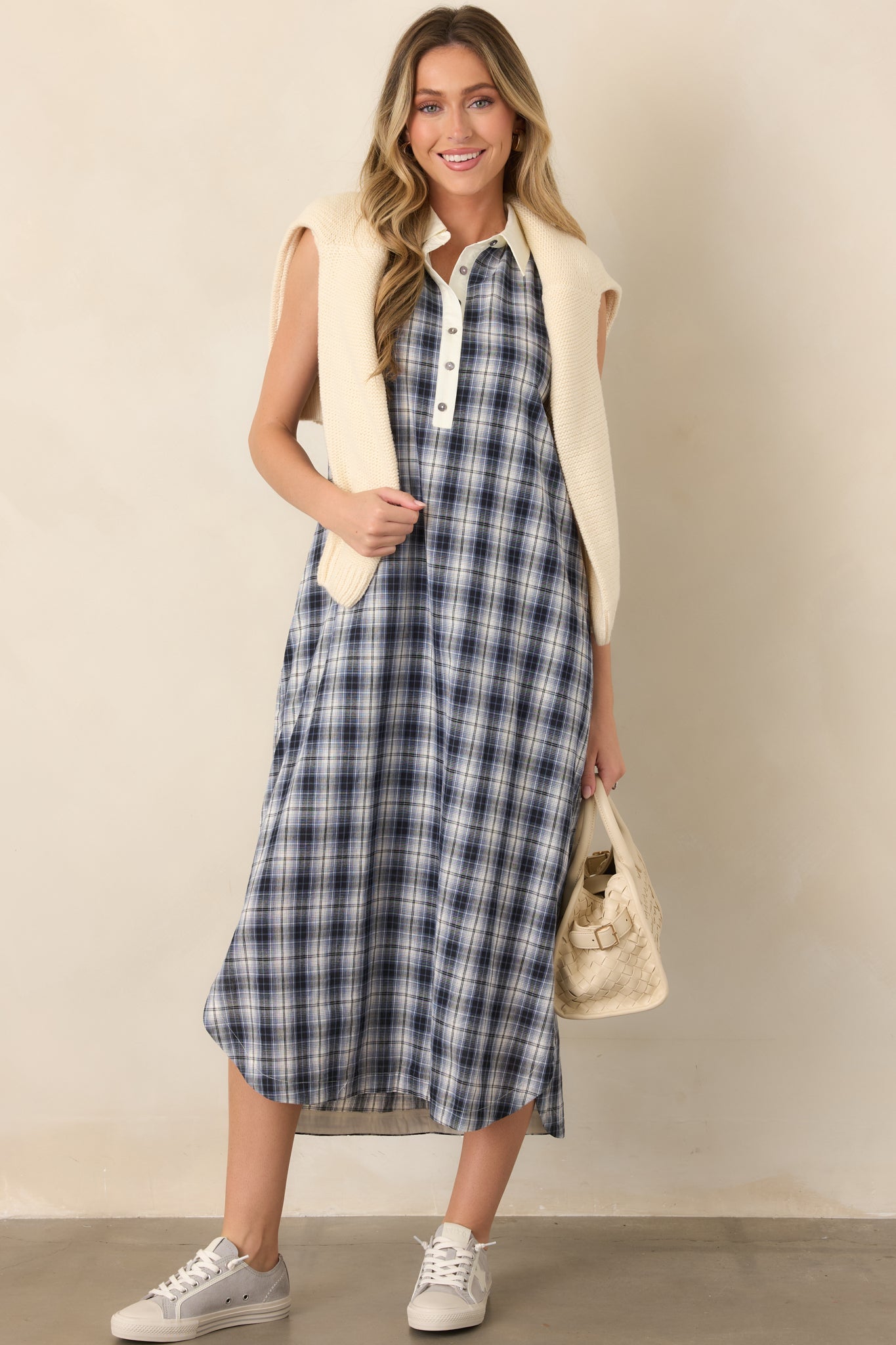 Small Town Story Navy Plaid Cotton Midi Dress