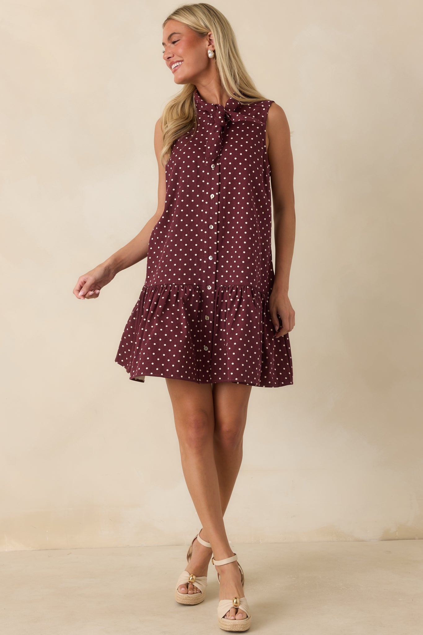 Hard to Overlook Burgundy Polka Dot Cotton Tie-Neck Mini Dress