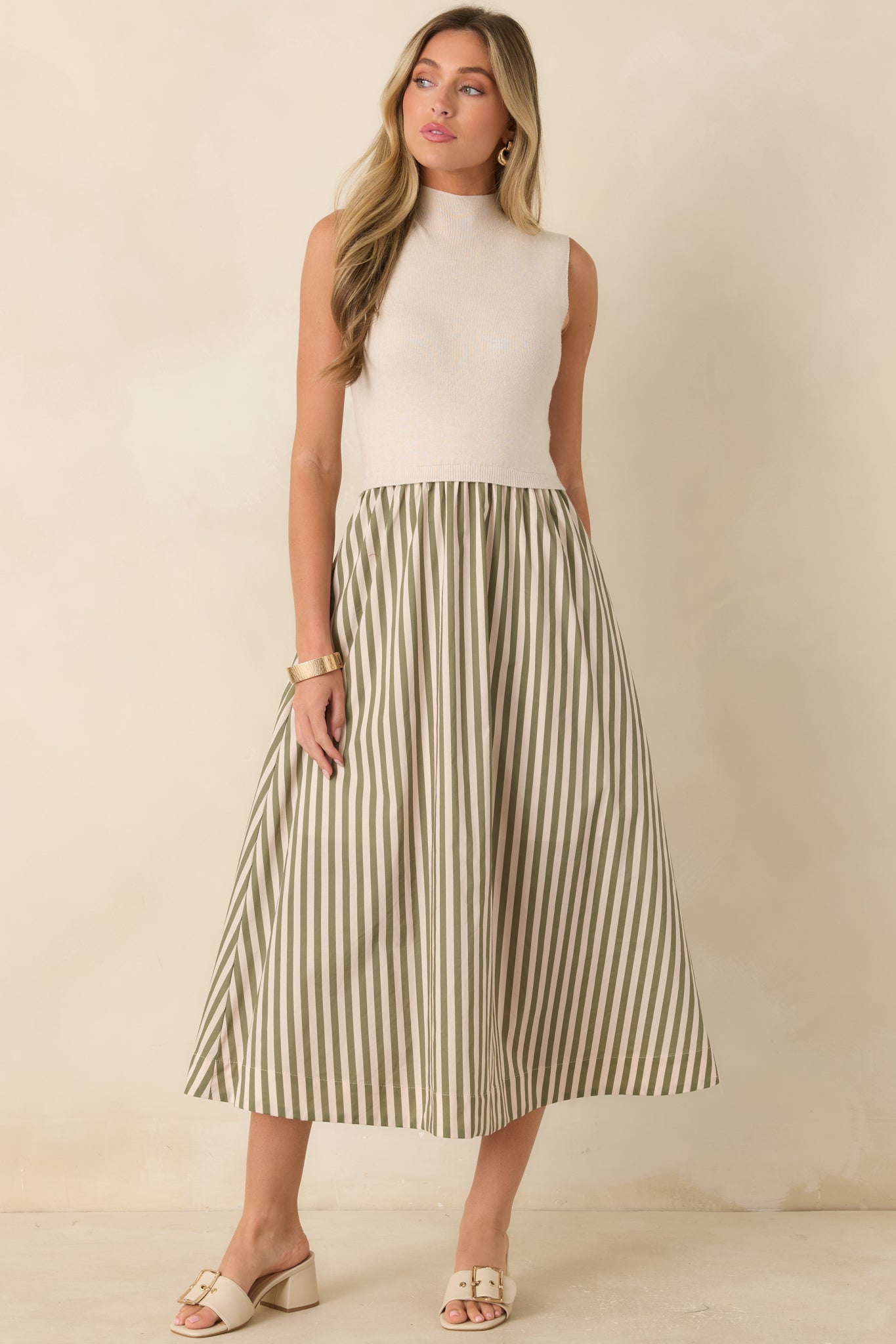 That's More Like It Ecru & Sage Stripe Sweater Midi Dress