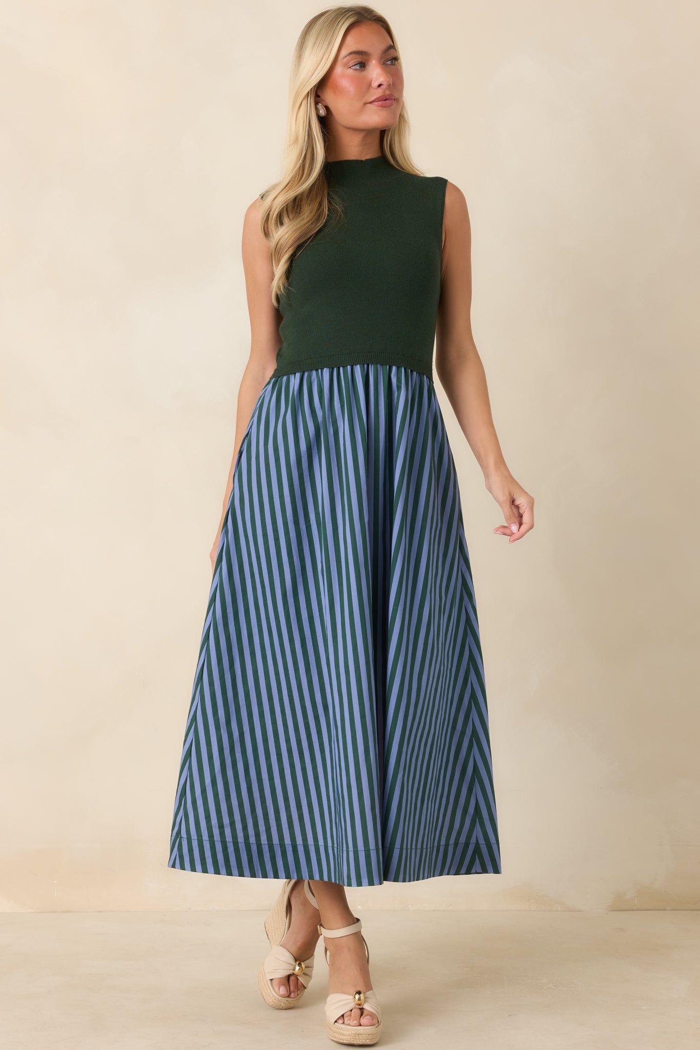 That's More Like It Hunter Green & Light Blue Stripe Sweater Midi Dress