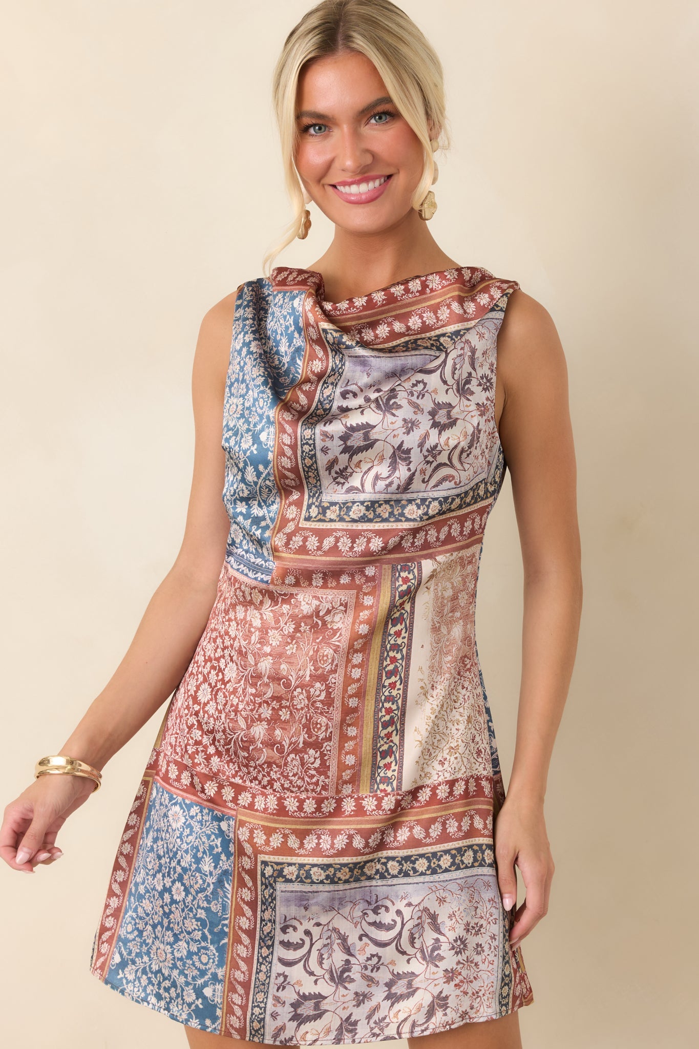 Looking Like a Yes Rust & Blue Scarf Print Cowl Neck Mini Dress