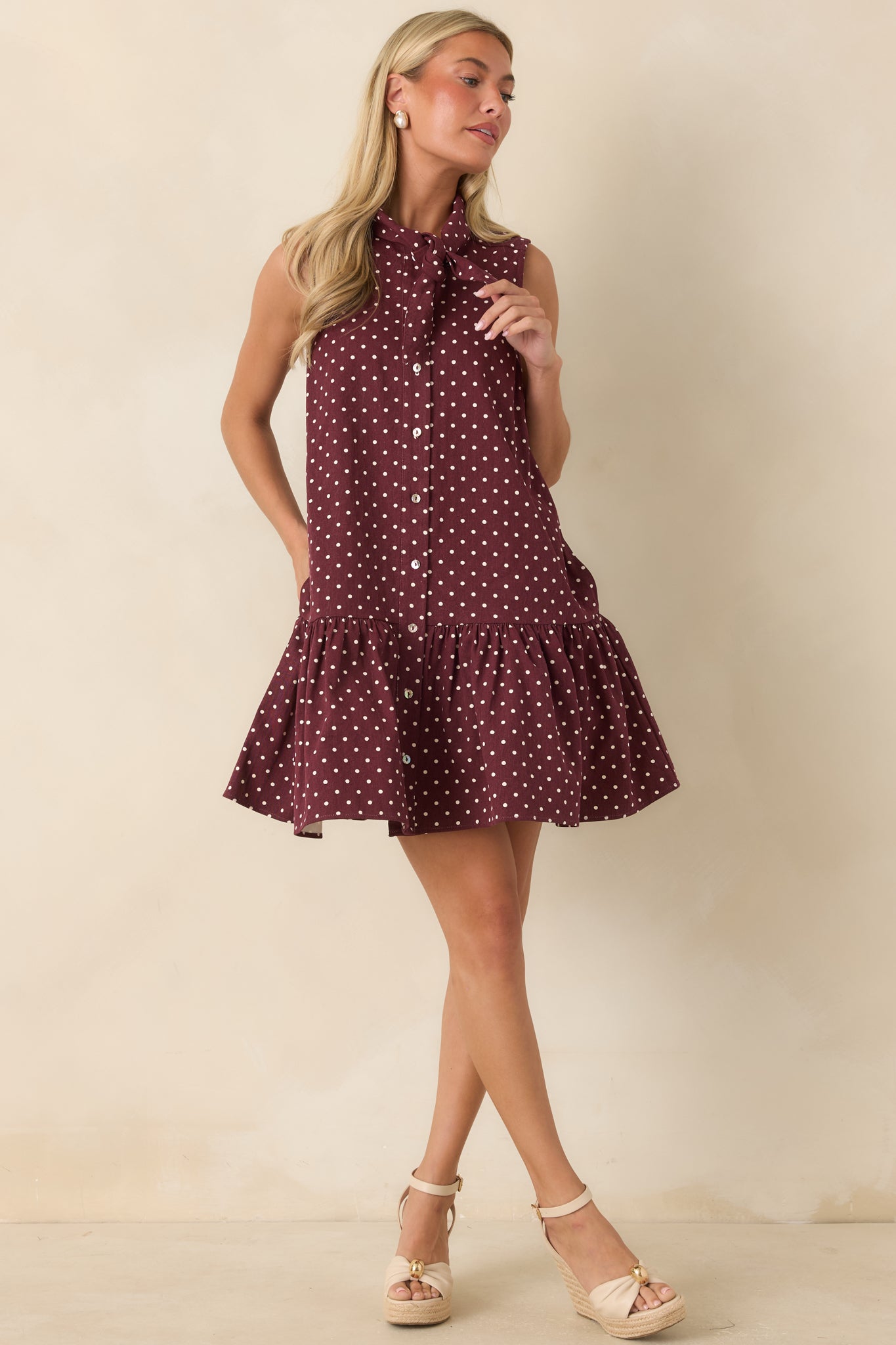 Hard to Overlook Burgundy Polka Dot Cotton Tie-Neck Mini Dress