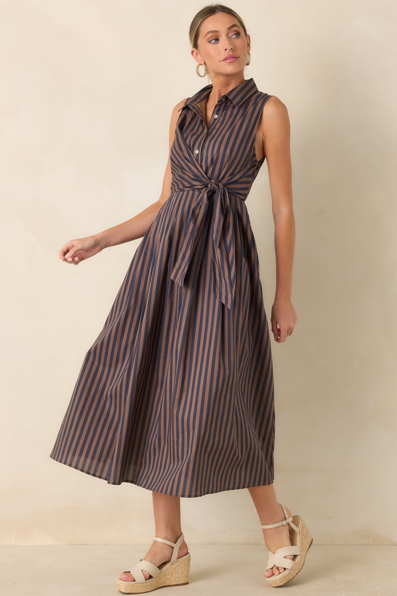 Taking Shape Navy & Tan Striped Tie Front Cotton Midi Dress