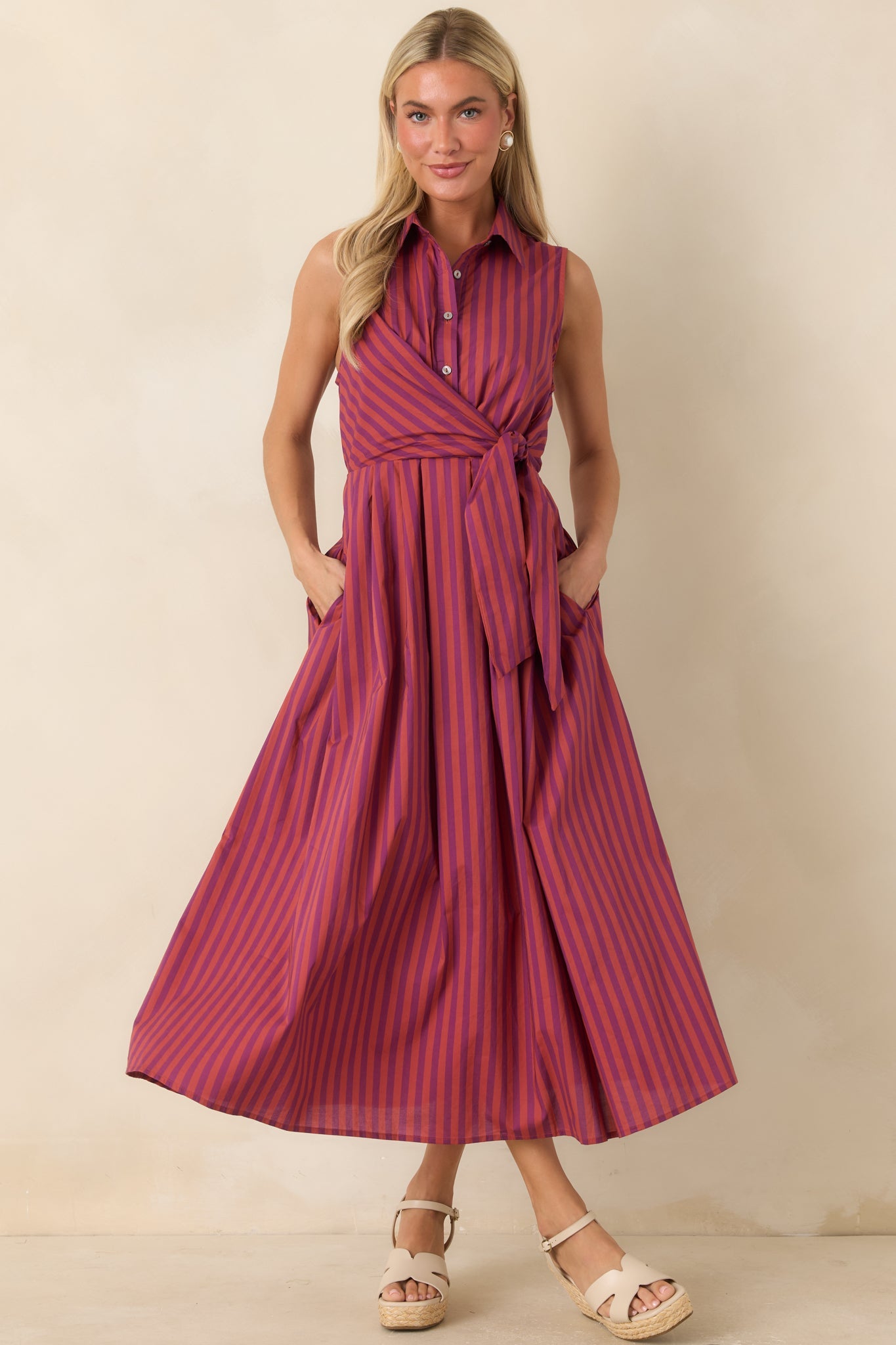 Taking Shape Plum & Burgundy Striped Tie Front Cotton Midi Dress