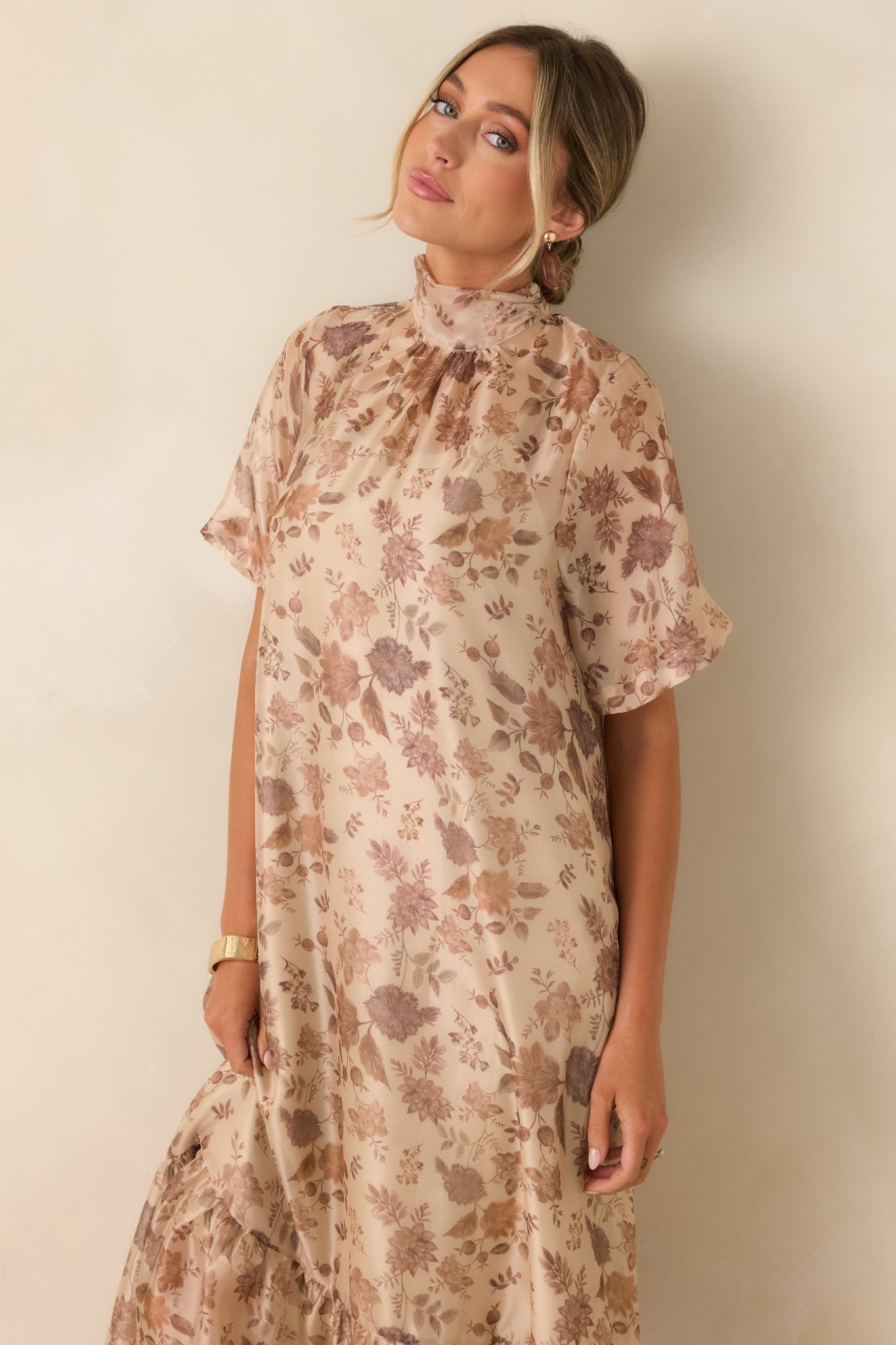 Whispered Intentions Ivory & Taupe Floral Tiered Maxi Dress