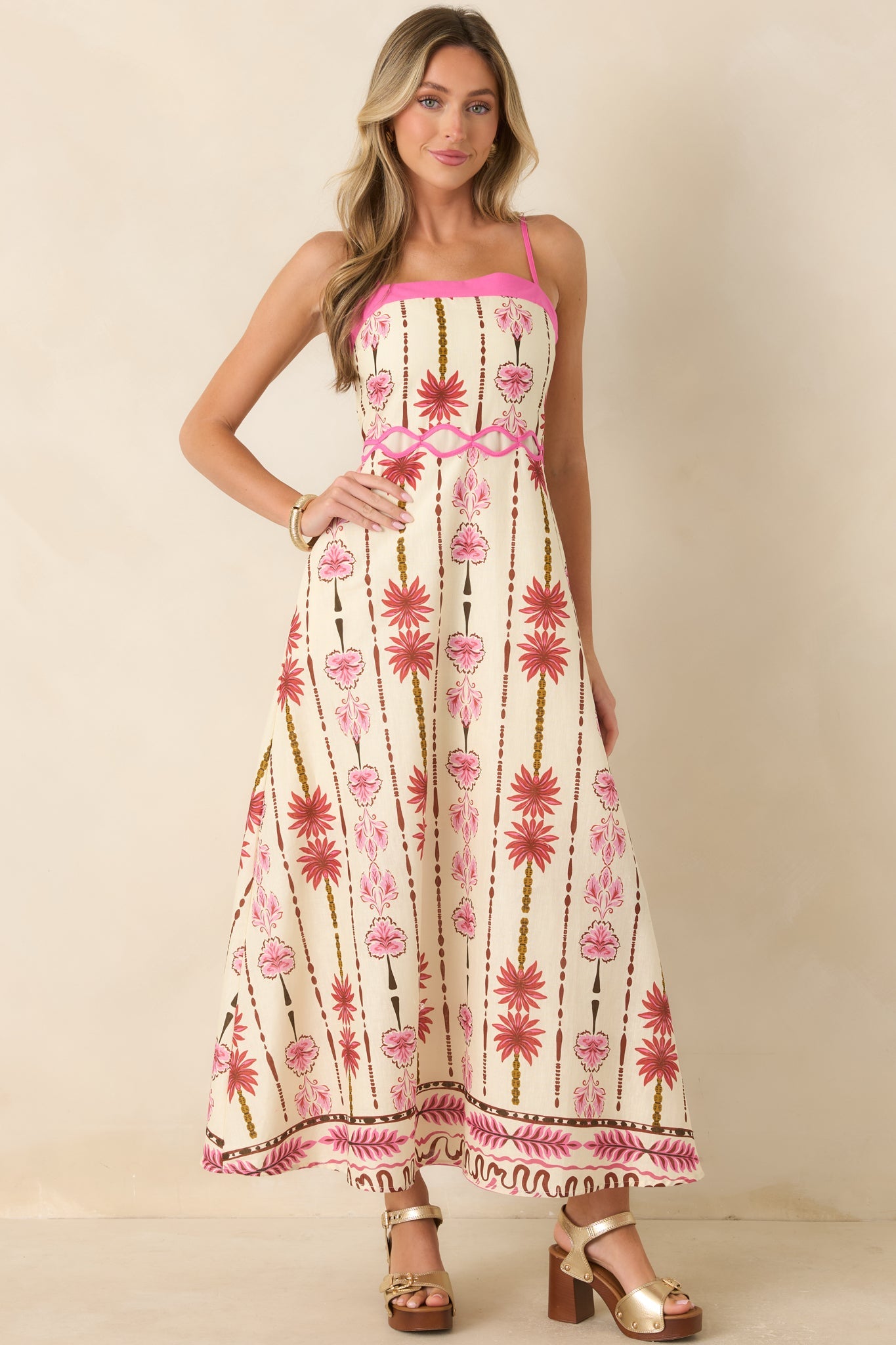 Palms & Prosecco Pink Floral Cotton Linen Maxi Dress