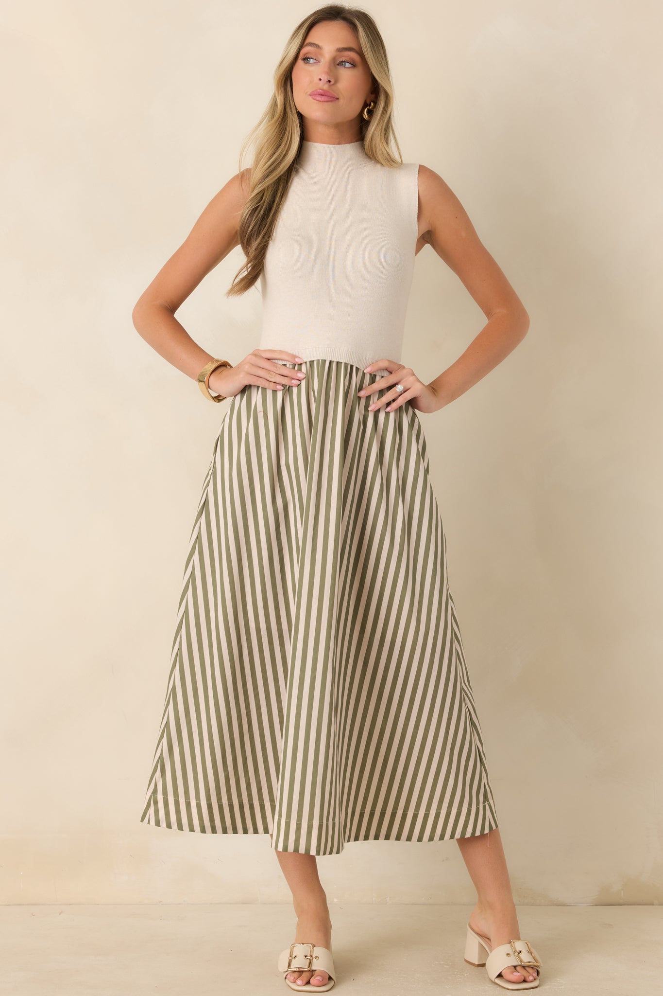 That's More Like It Ecru & Sage Stripe Sweater Midi Dress