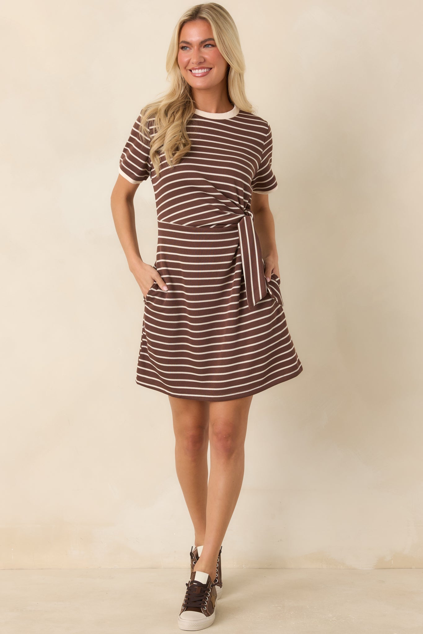 On Your Side Brown Stripe Tie Mini Dress