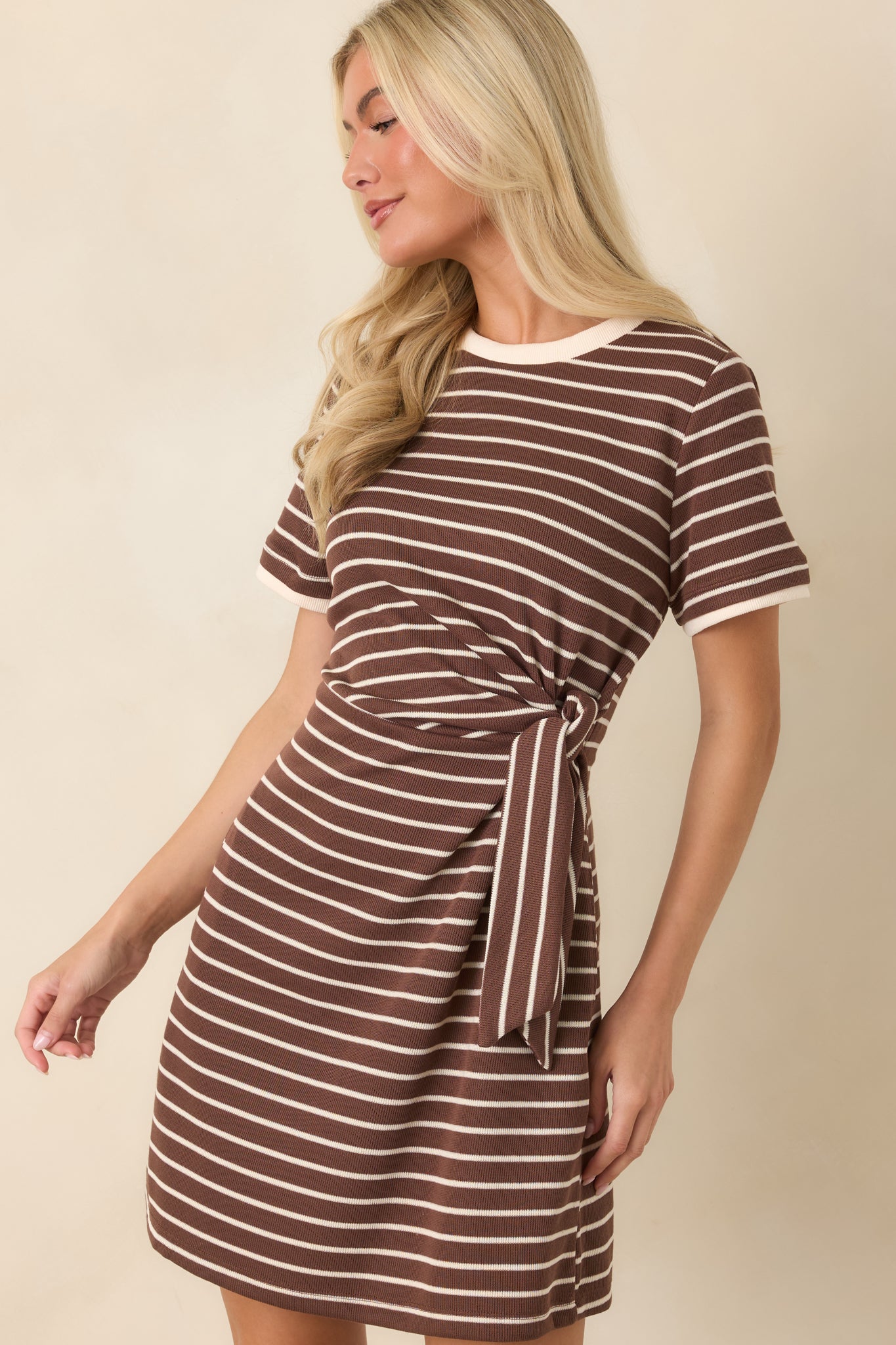 On Your Side Brown Stripe Tie Mini Dress