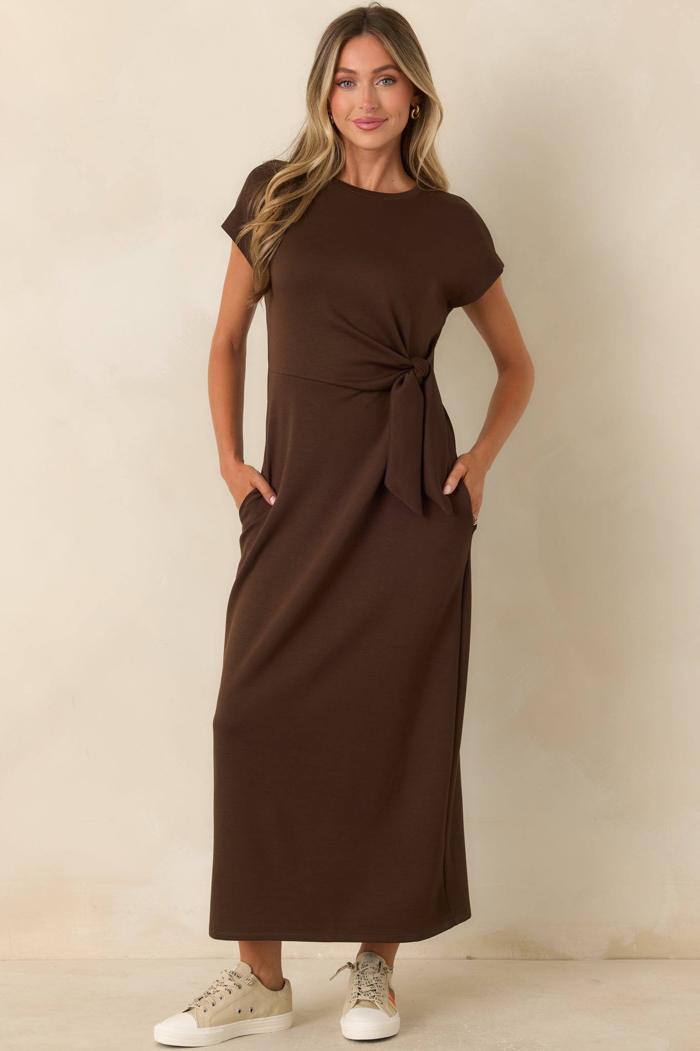 On a Side Note Chocolate Brown Side Tie Maxi Dress