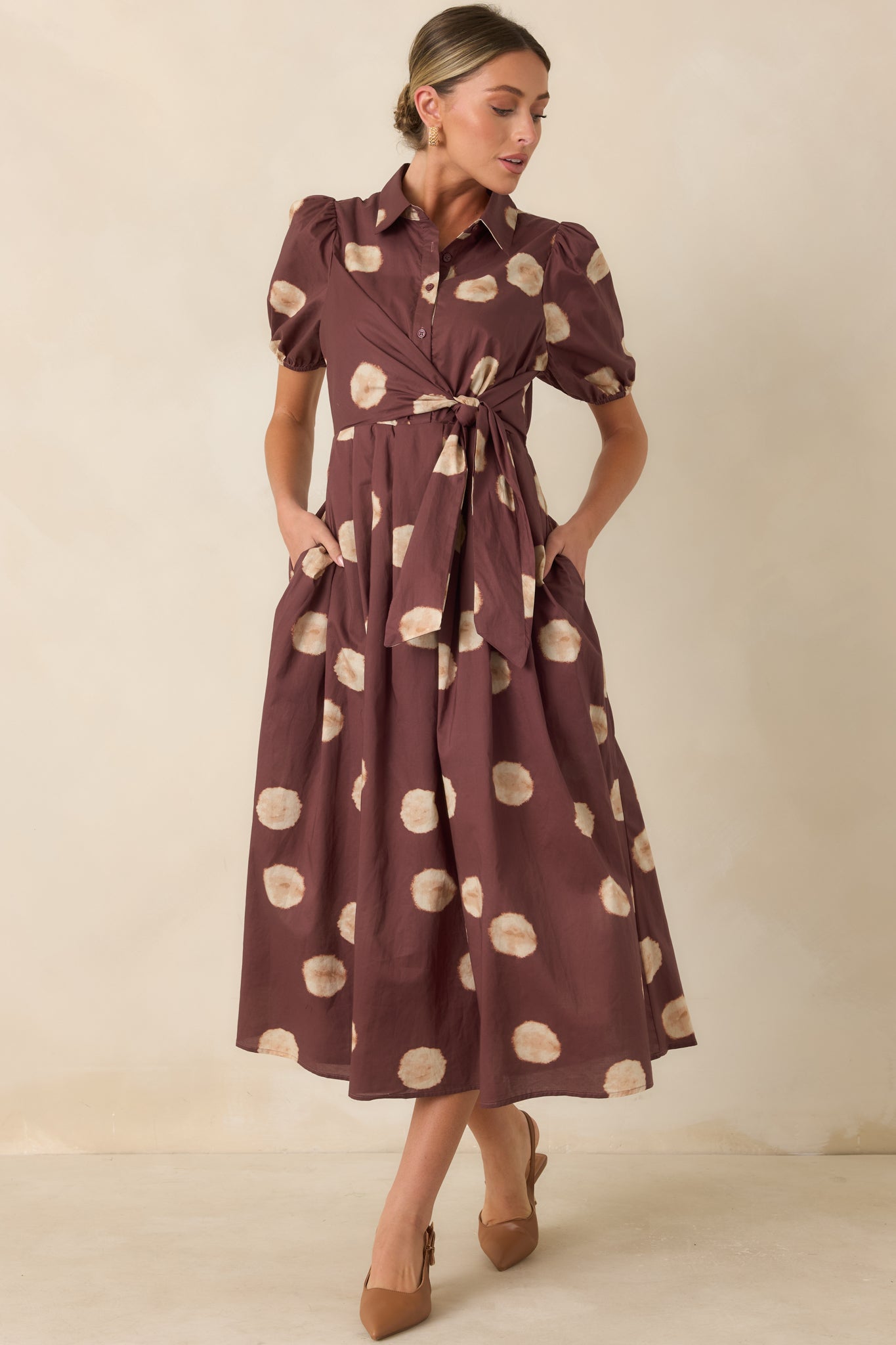 Gather Around Rust Brown Dot Print Cotton Midi Dress
