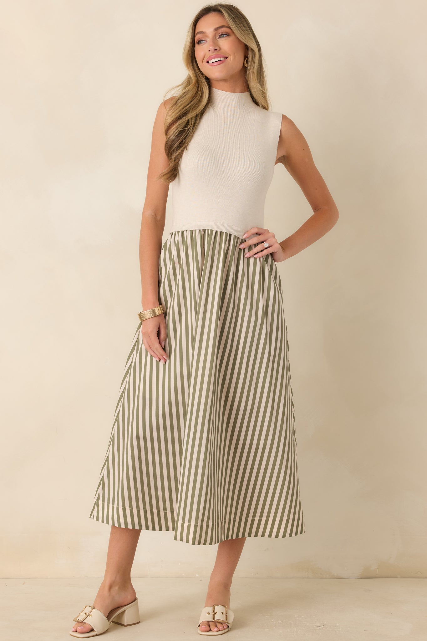 That's More Like It Ecru & Sage Stripe Sweater Midi Dress
