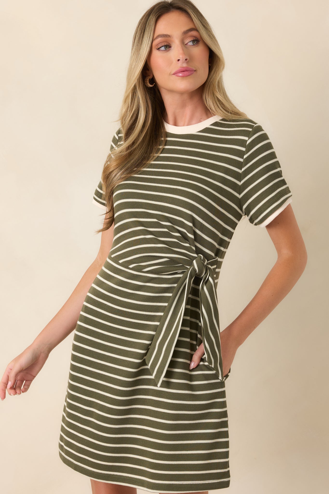 On Your Side Olive Stripe Tie Mini Dress