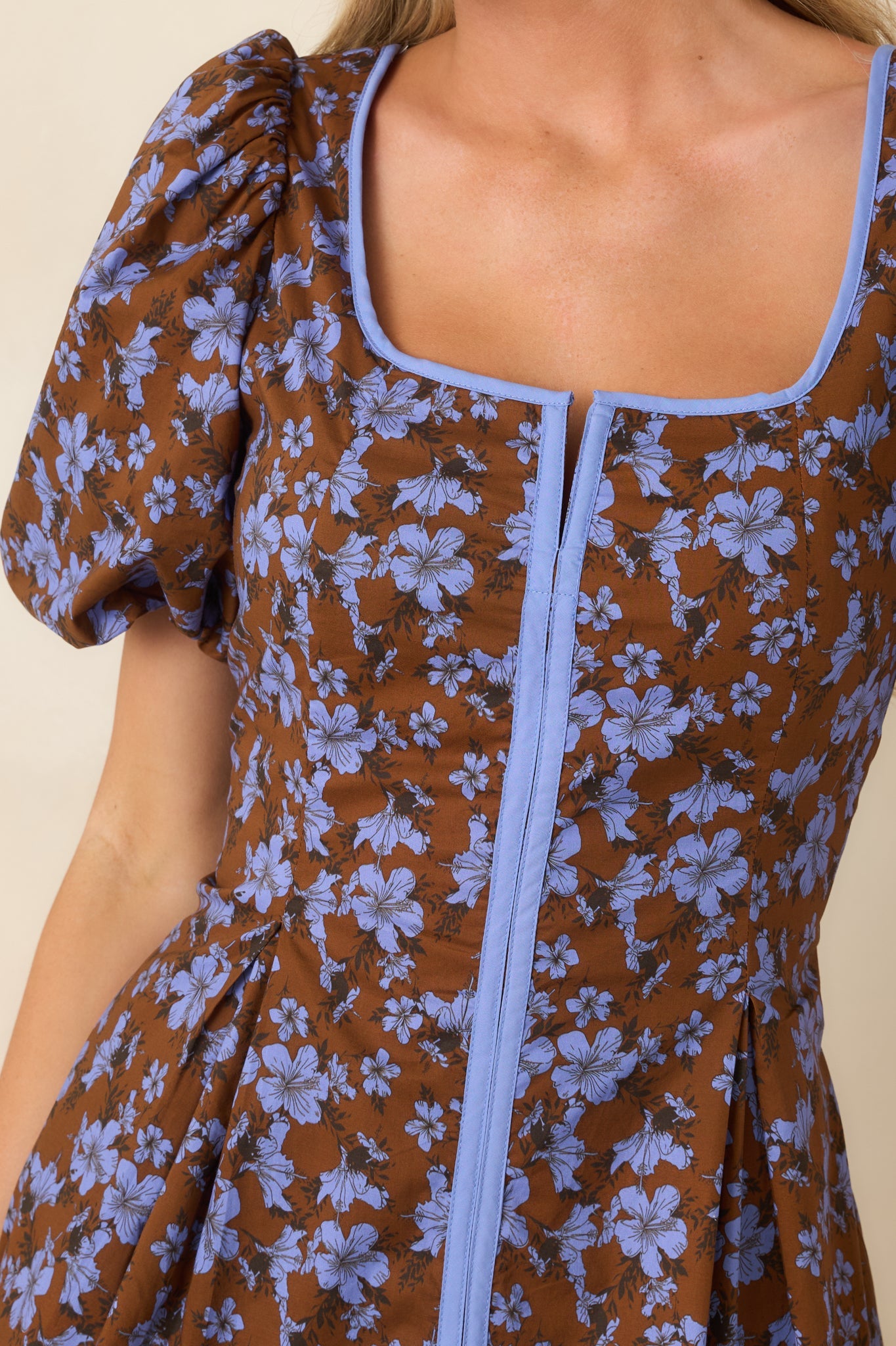 The Prettiest View Brown & Blue Floral Cotton Mini Dress
