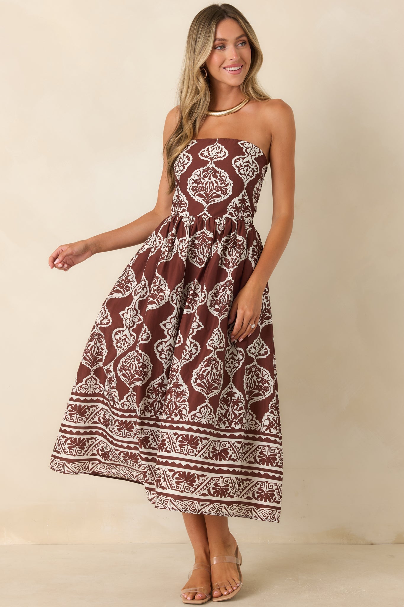 Painted Passage Chocolate & Ivory Cotton Strapless Midi Dress
