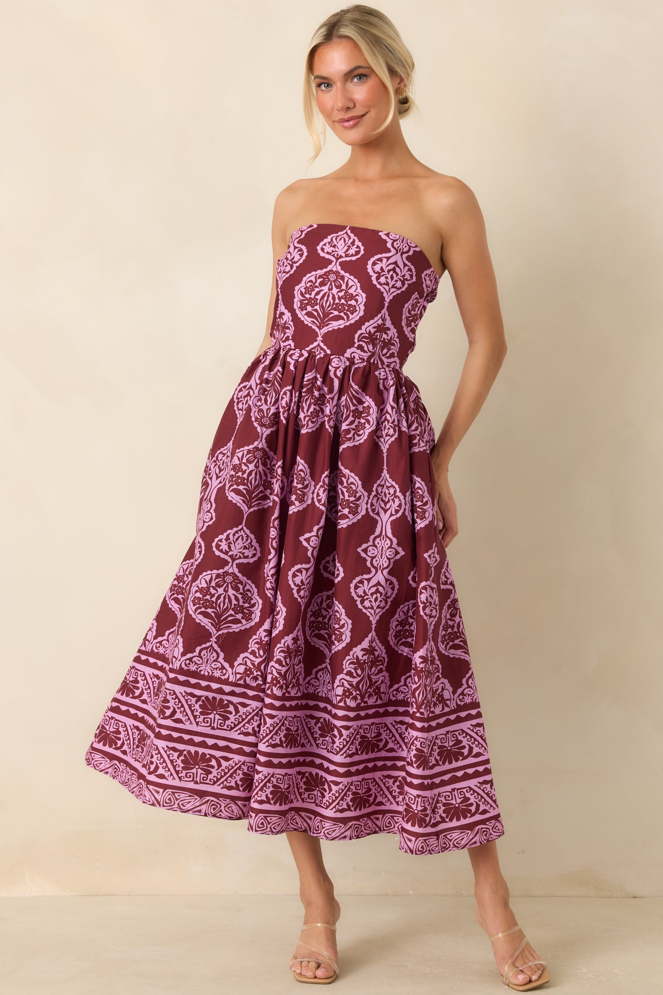 Painted Passage Wine & Orchid Pink Cotton Strapless Midi Dress