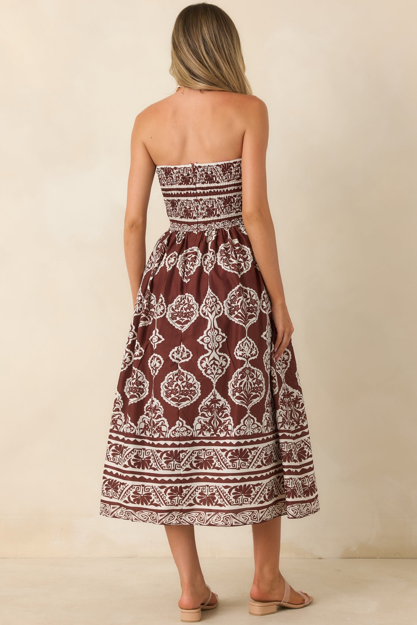 Painted Passage Chocolate & Ivory Cotton Strapless Midi Dress