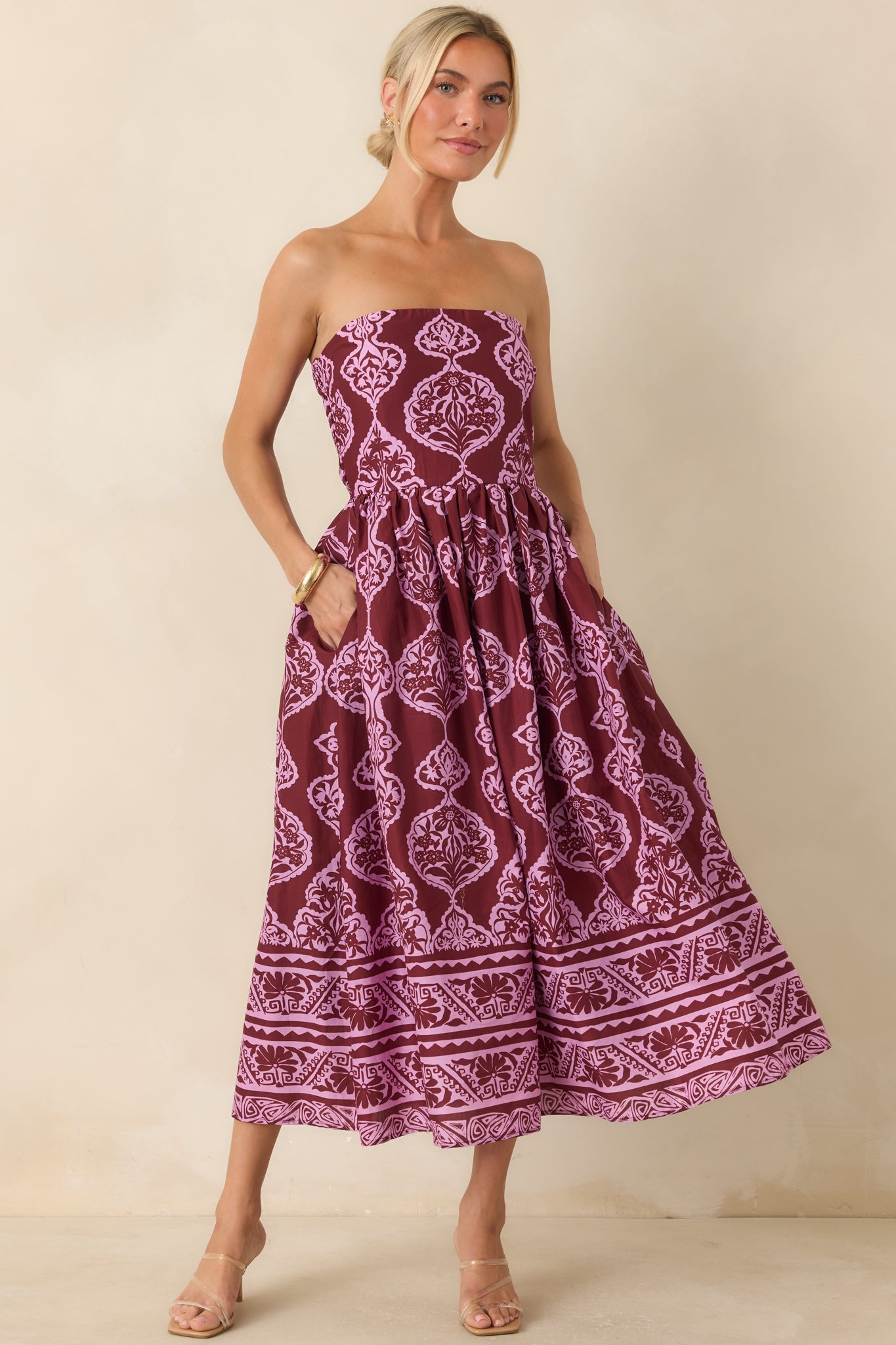 Painted Passage Wine & Orchid Pink Cotton Strapless Midi Dress