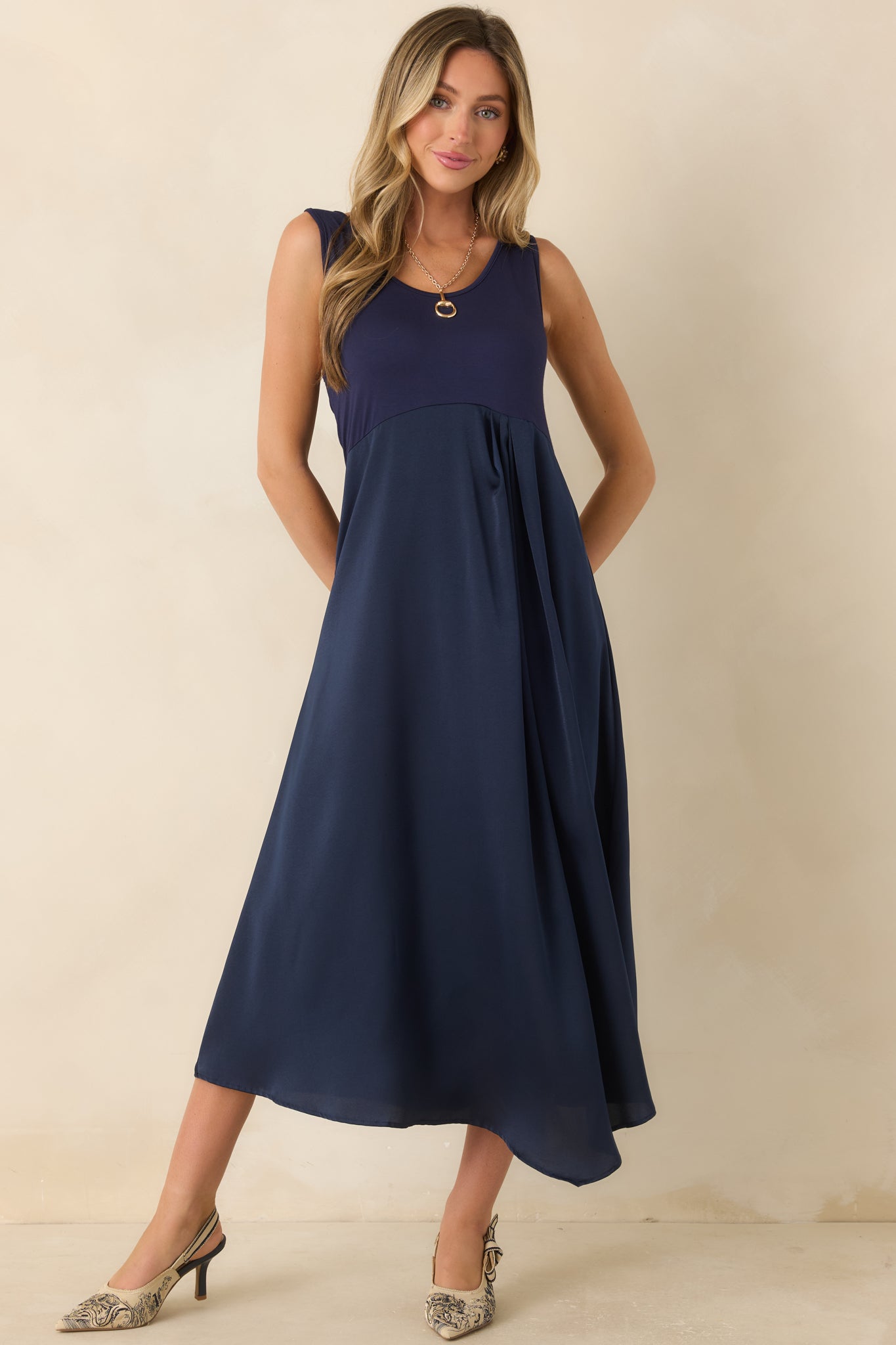Easy Confidence Navy Knit & Satin Sleeveless Midi Dress