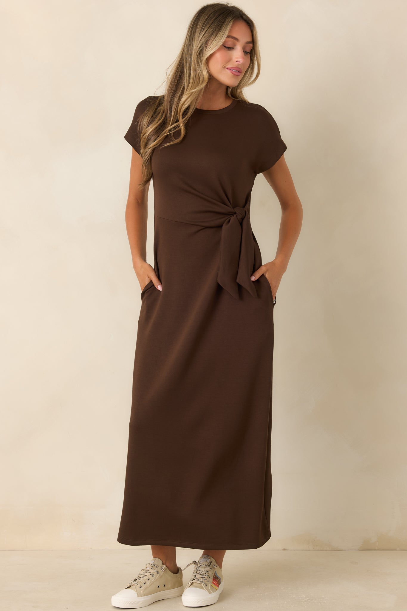 On a Side Note Chocolate Brown Side Tie Maxi Dress