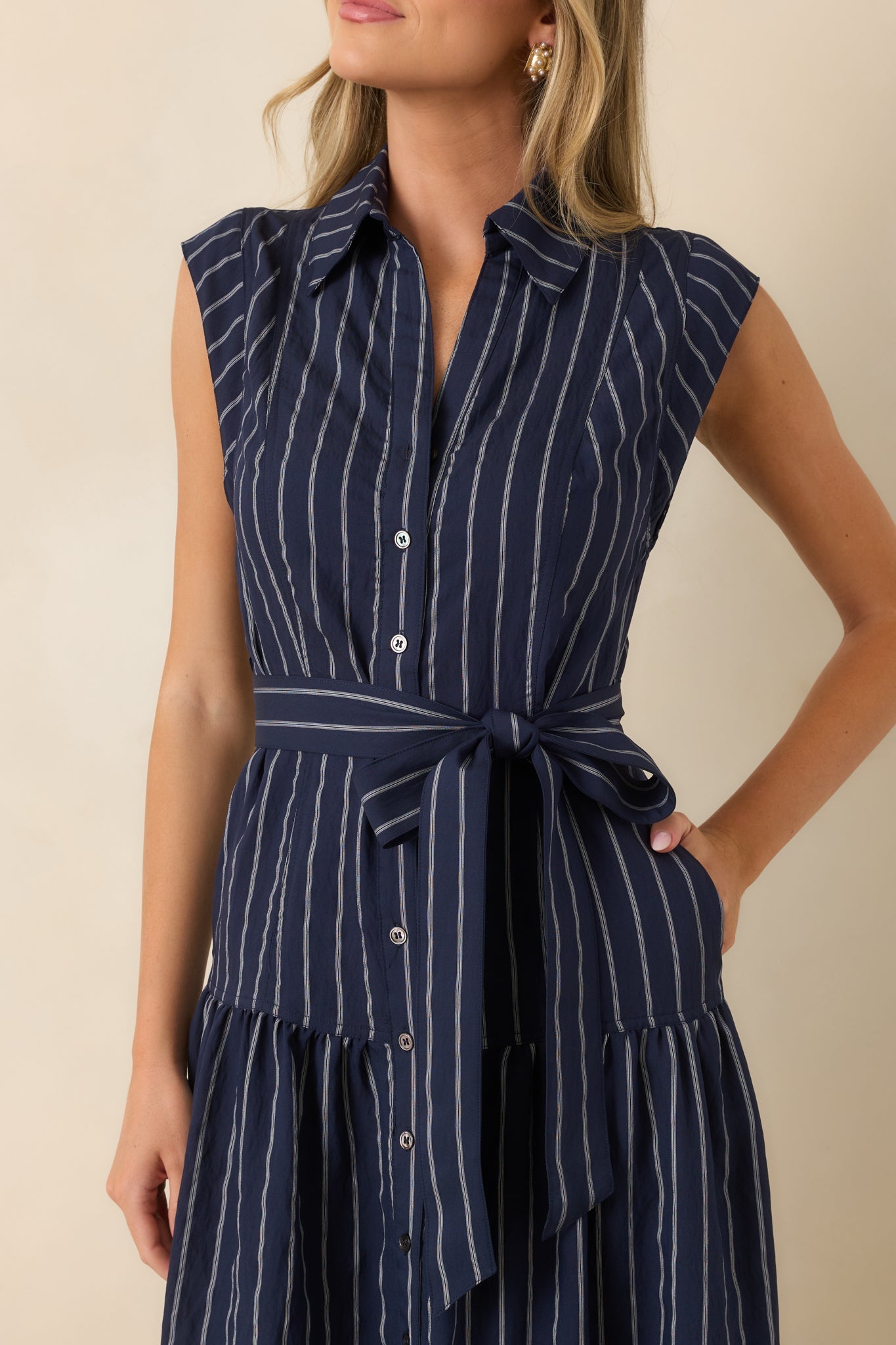 Always On Course Navy Striped Button Front Midi Dress