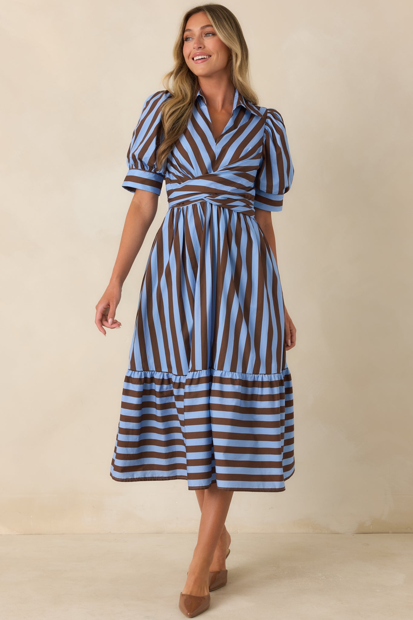 From Another Angle Light Blue & Brown Stripe Cotton Midi Dress