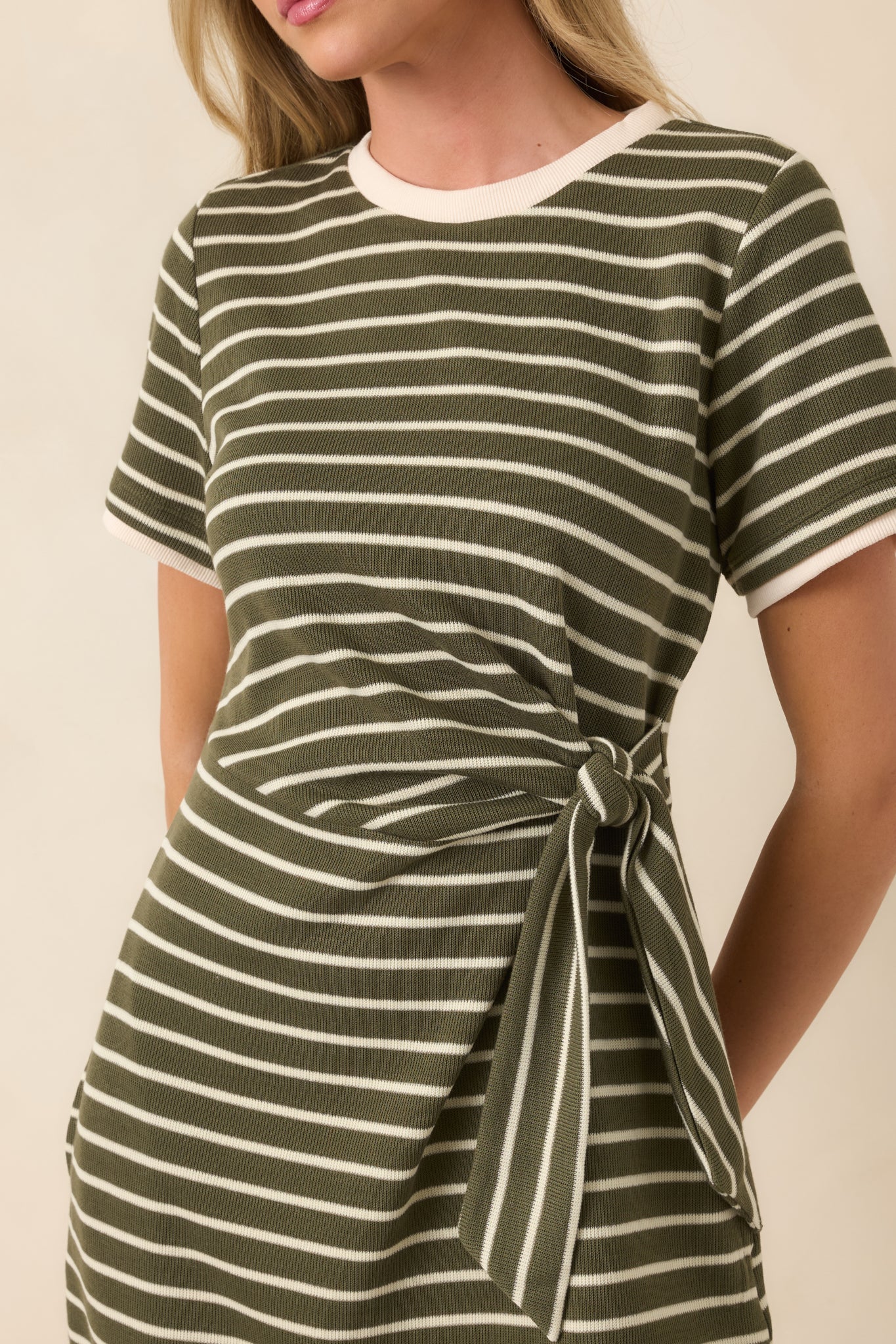 On Your Side Olive Stripe Tie Mini Dress