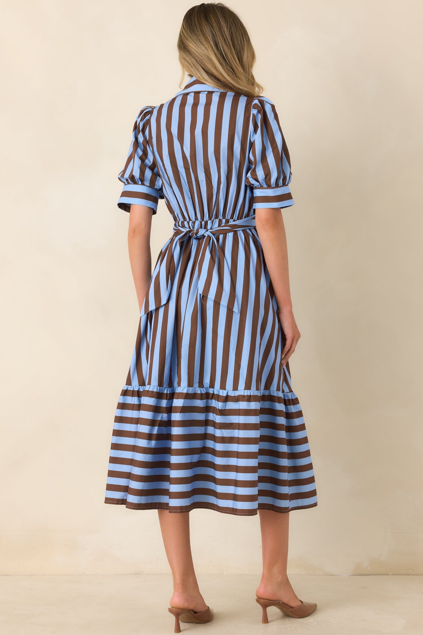 From Another Angle Light Blue & Brown Stripe Cotton Midi Dress