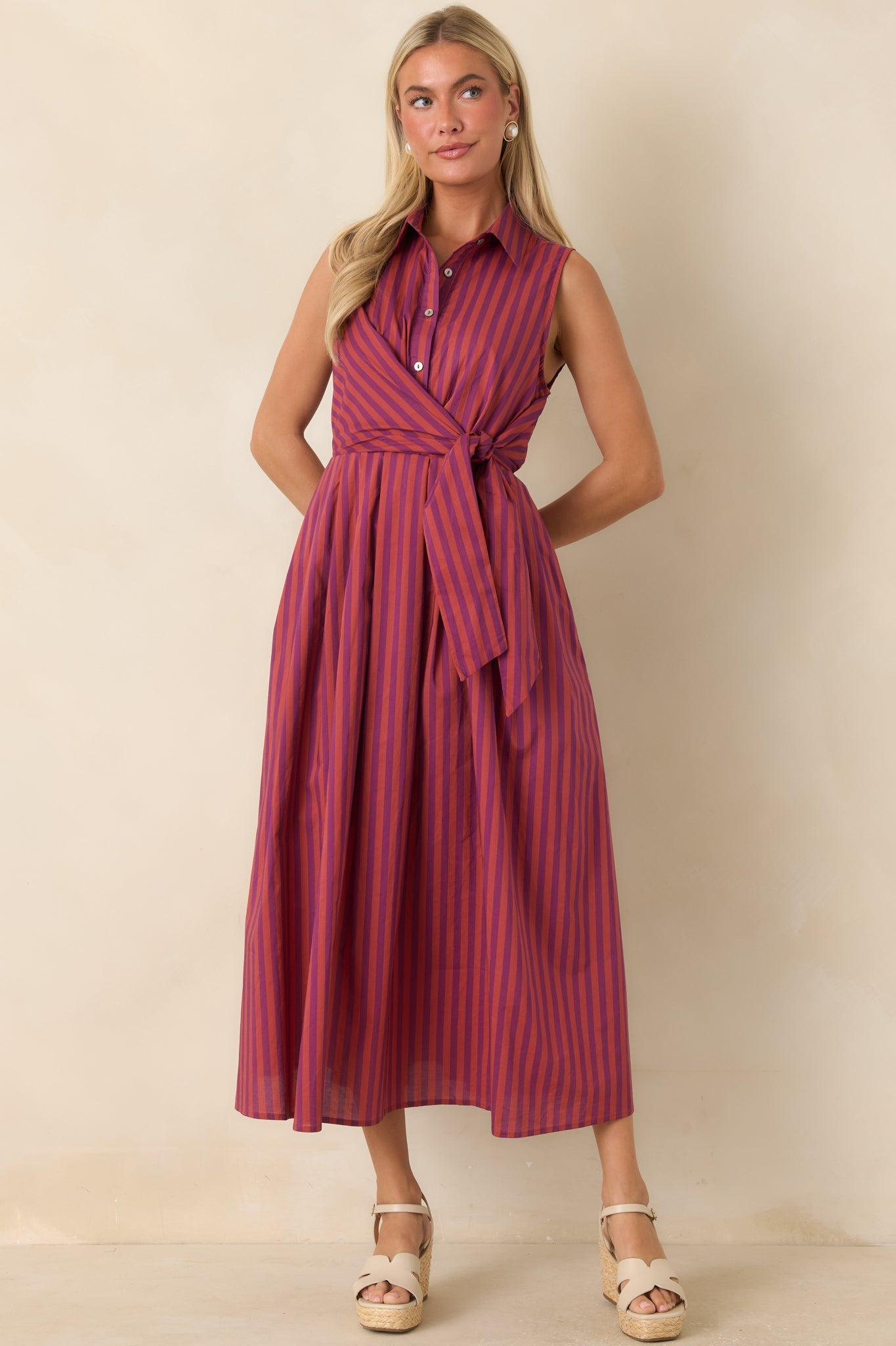 Taking Shape Plum & Burgundy Striped Tie Front Cotton Midi Dress
