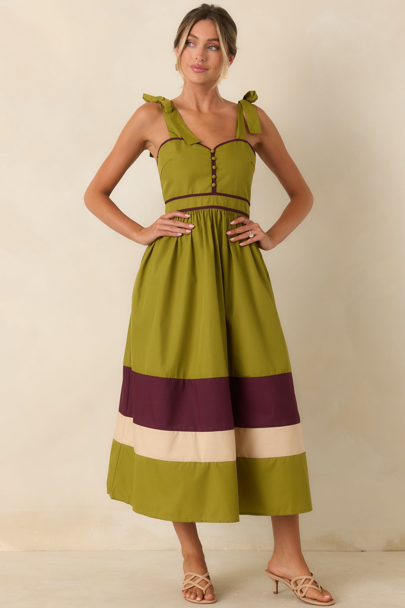 Worth the Detour Olive & Berry Contrast Midi Dress