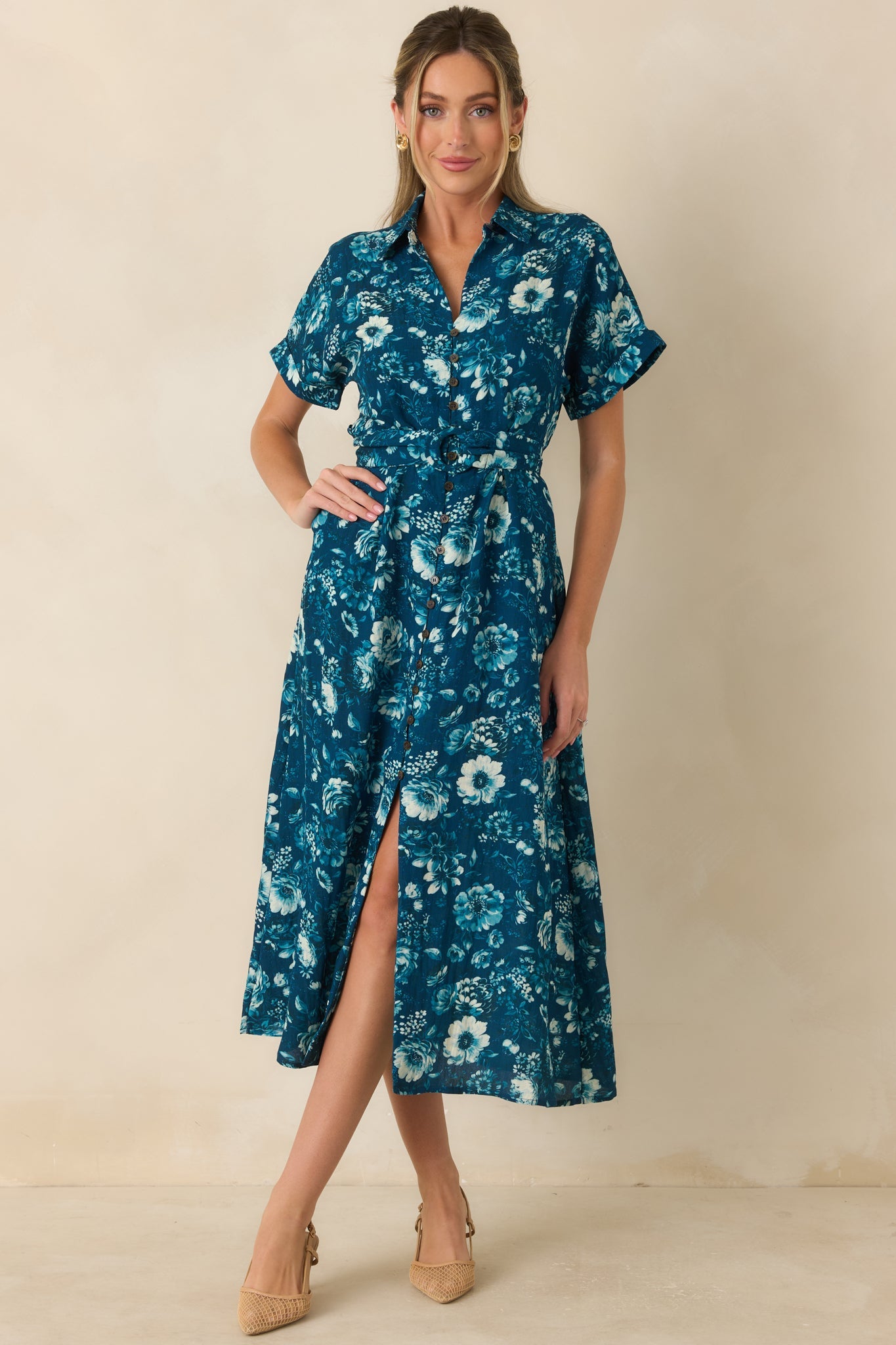 You’ll See Soon Dark Teal Multi Floral Print Belted Midi Shirt Dress