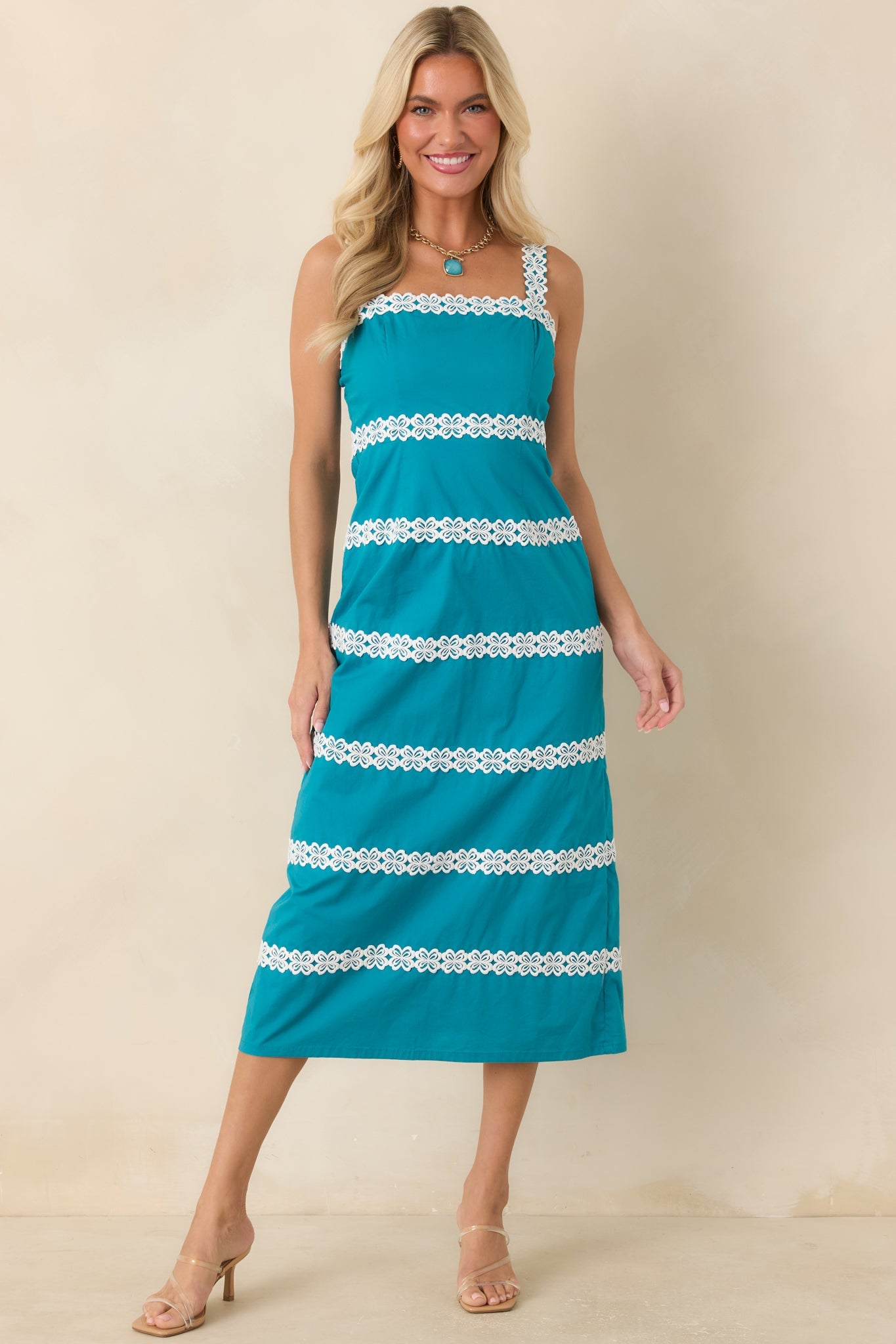 Couldn’t Stay Away Teal & Ivory Floral Lace Midi Dress