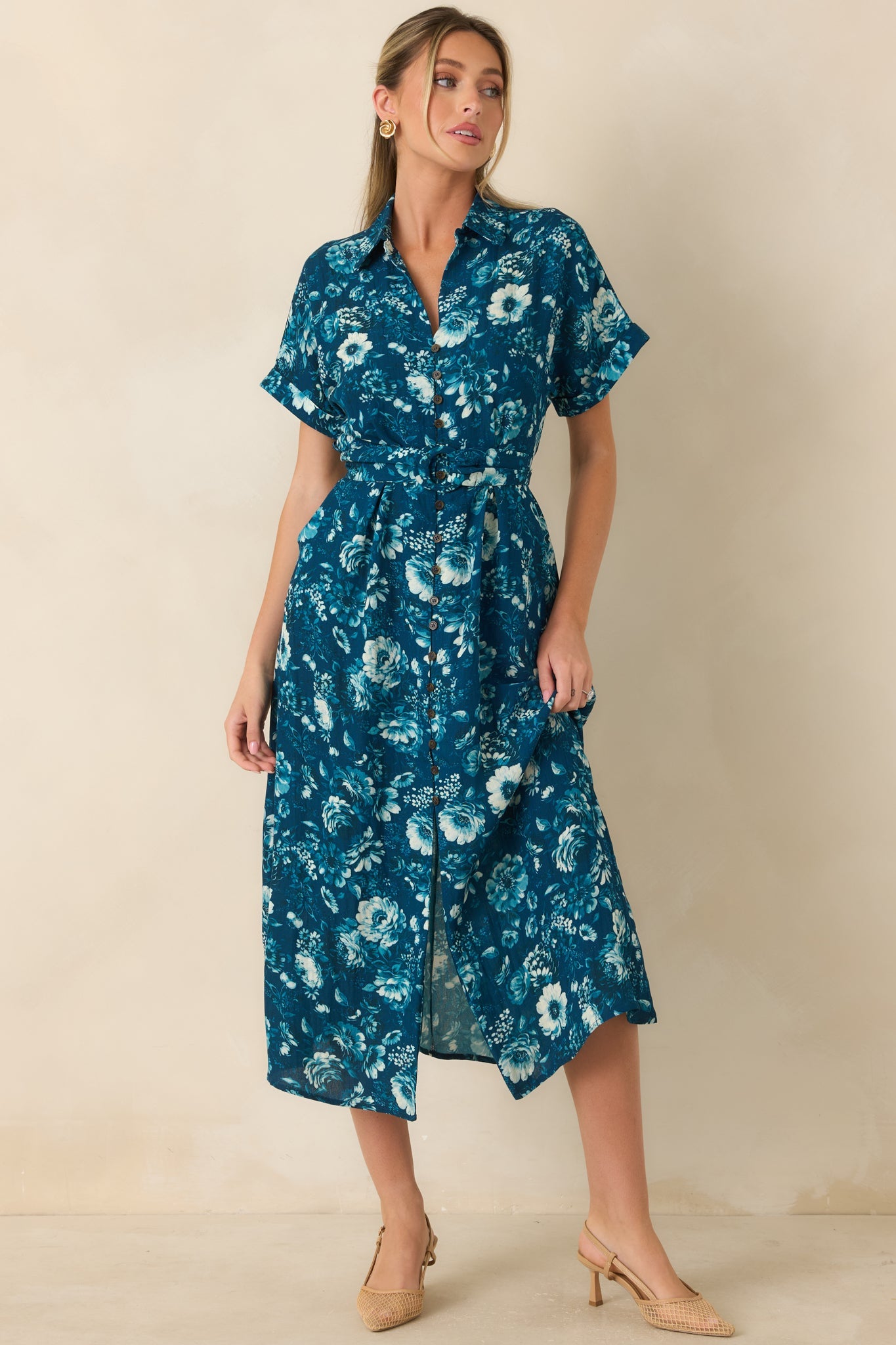 You’ll See Soon Dark Teal Multi Floral Print Belted Midi Shirt Dress