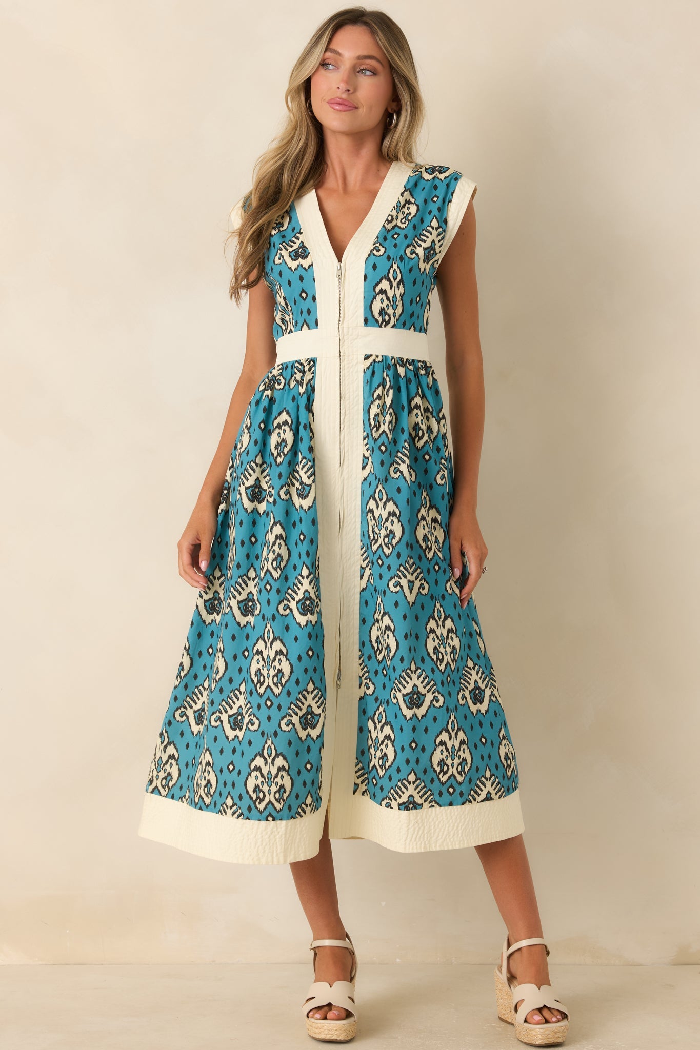 In the Studio Teal & Ivory Ikat Print Cotton Midi Dress