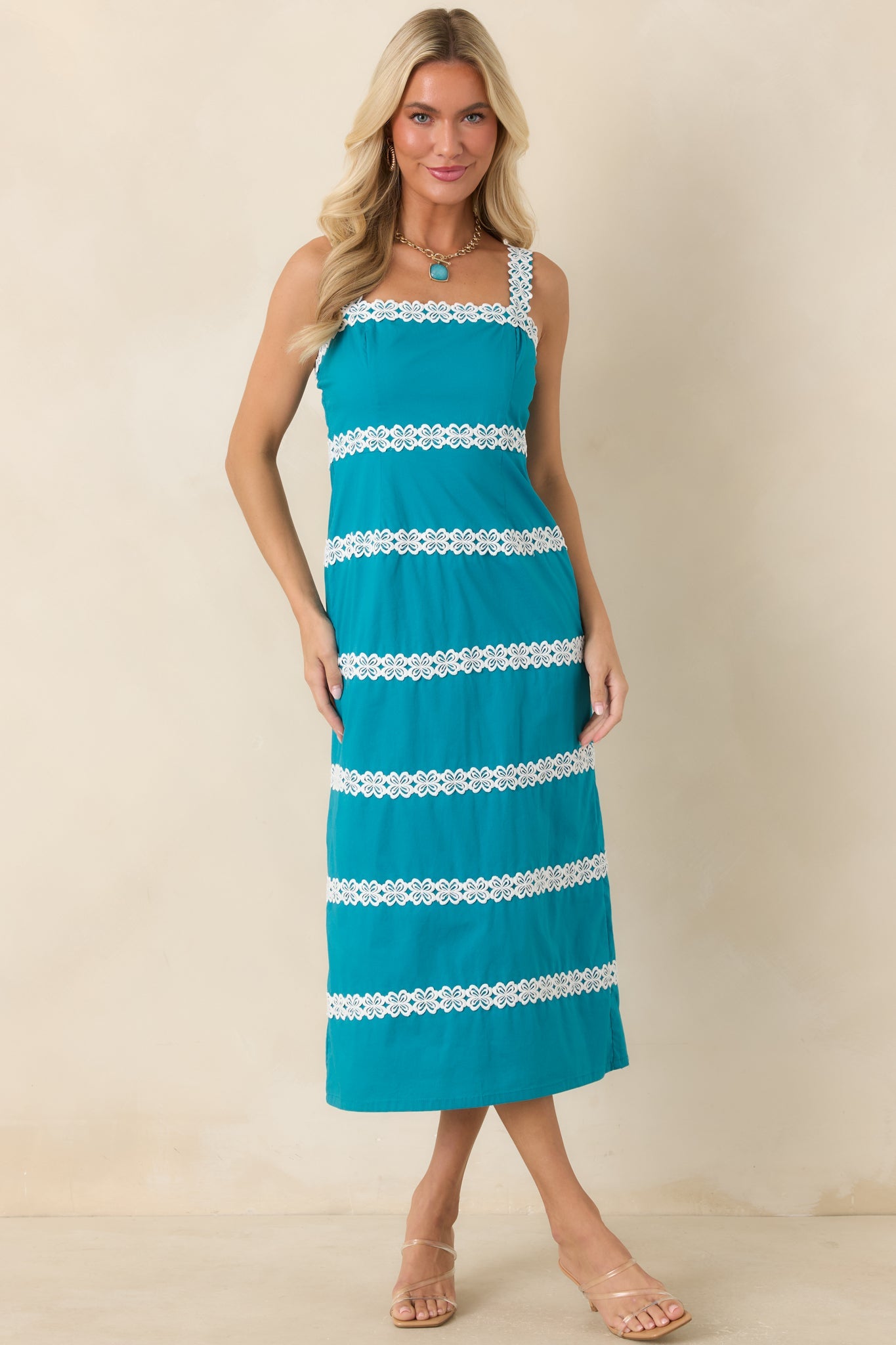 Couldn’t Stay Away Teal & Ivory Floral Lace Midi Dress