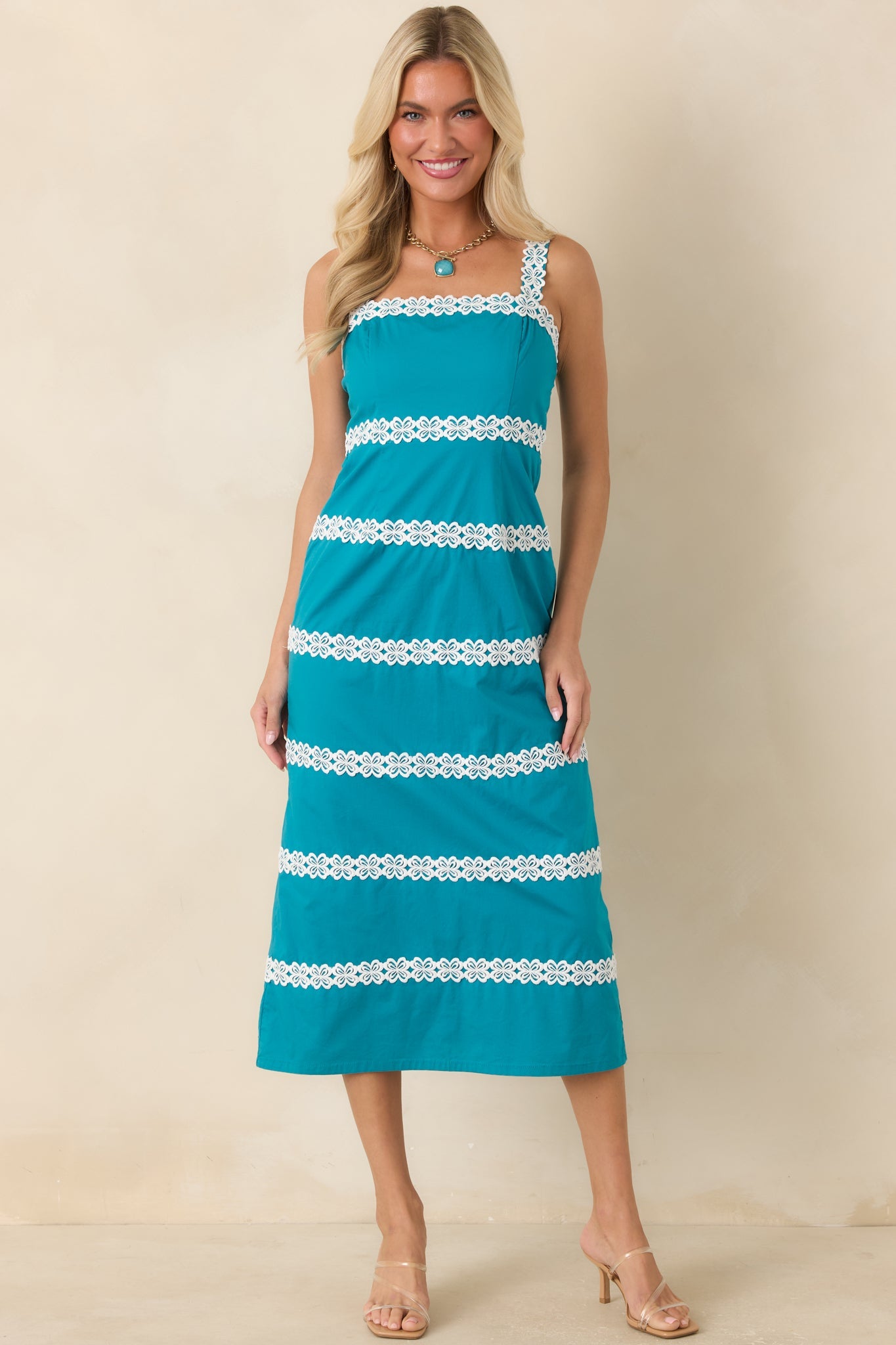 Couldn’t Stay Away Teal & Ivory Floral Lace Midi Dress