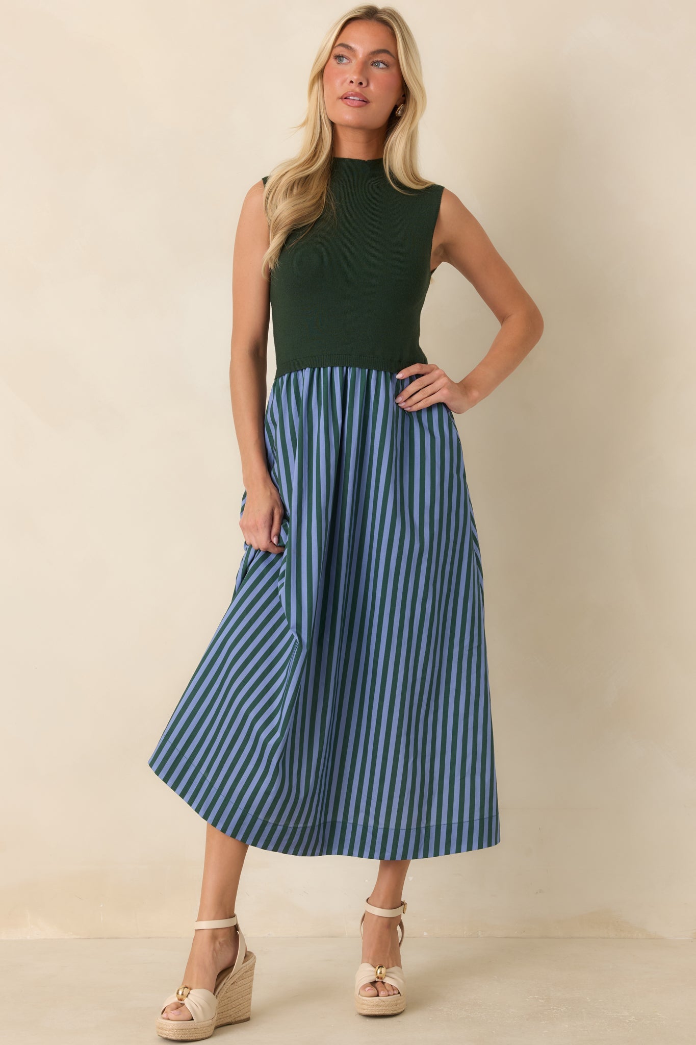 That's More Like It Hunter Green & Light Blue Stripe Sweater Midi Dress