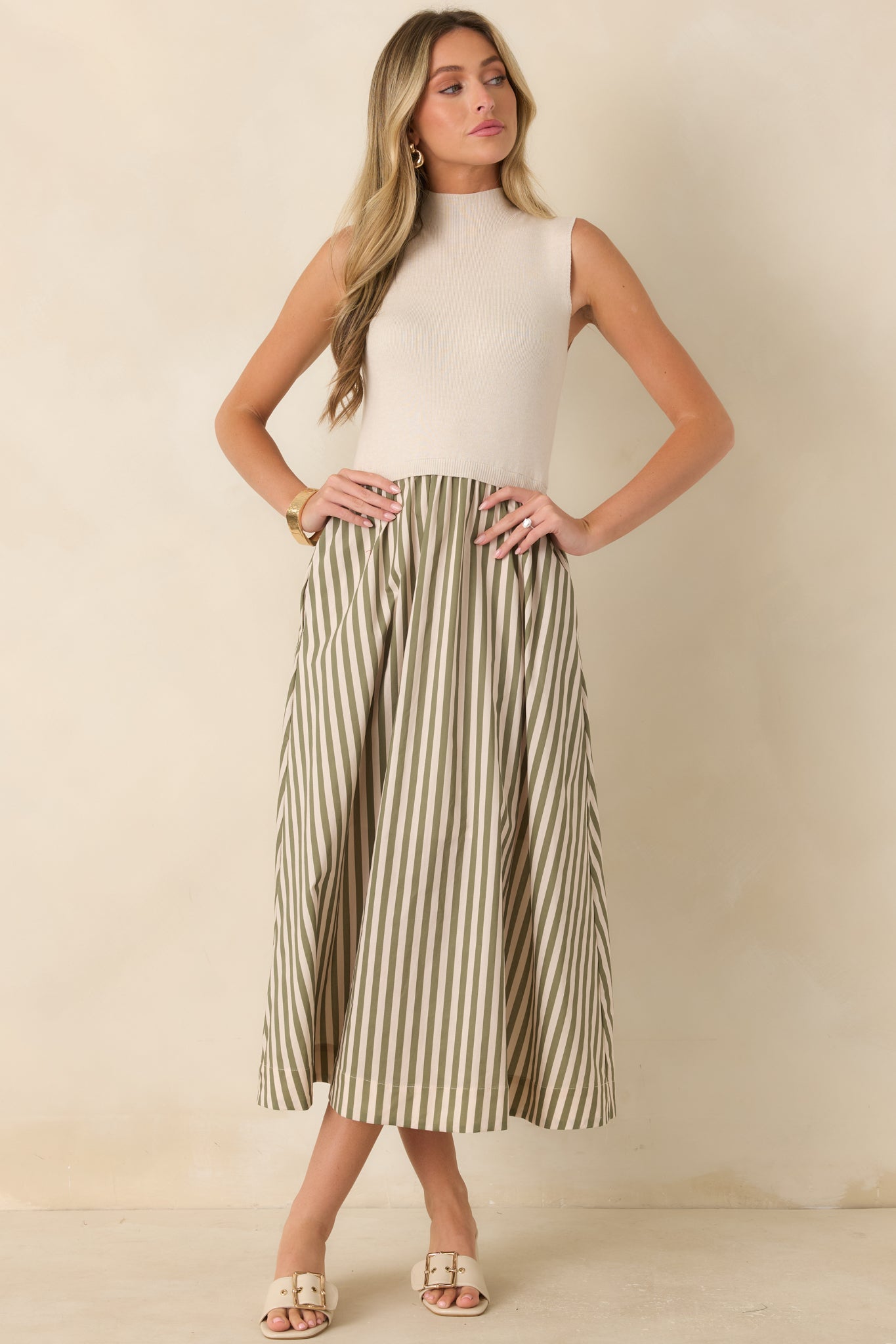 That's More Like It Ecru & Sage Stripe Sweater Midi Dress