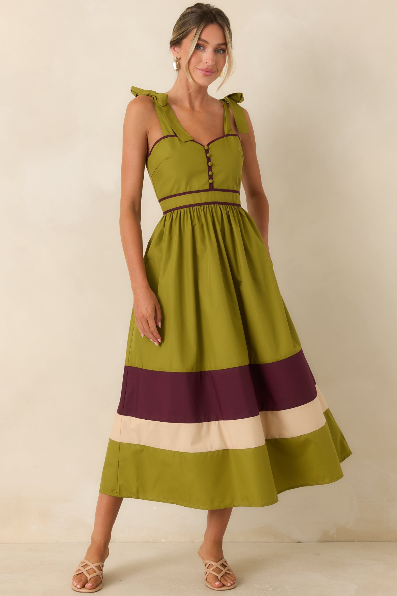Worth the Detour Olive & Berry Contrast Midi Dress