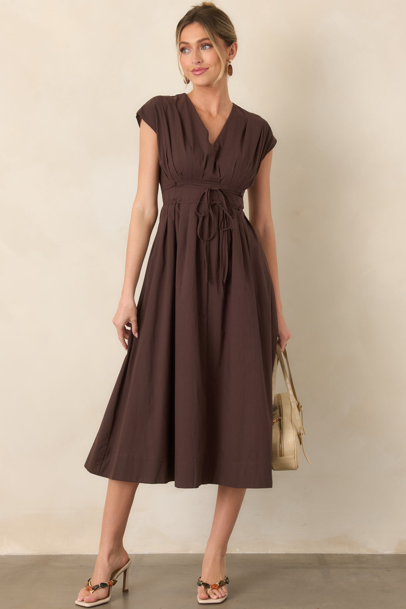 Gentle Reminders Brown Cotton Pleated V-Neck Midi Dress