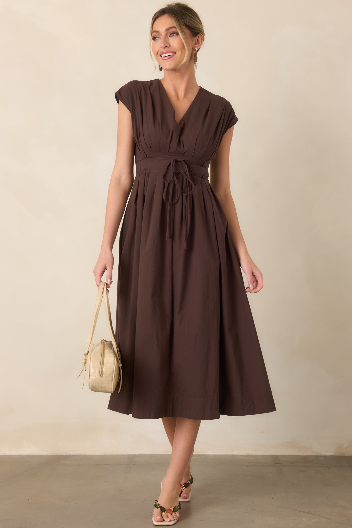 Gentle Reminders Brown Cotton Pleated V-Neck Midi Dress