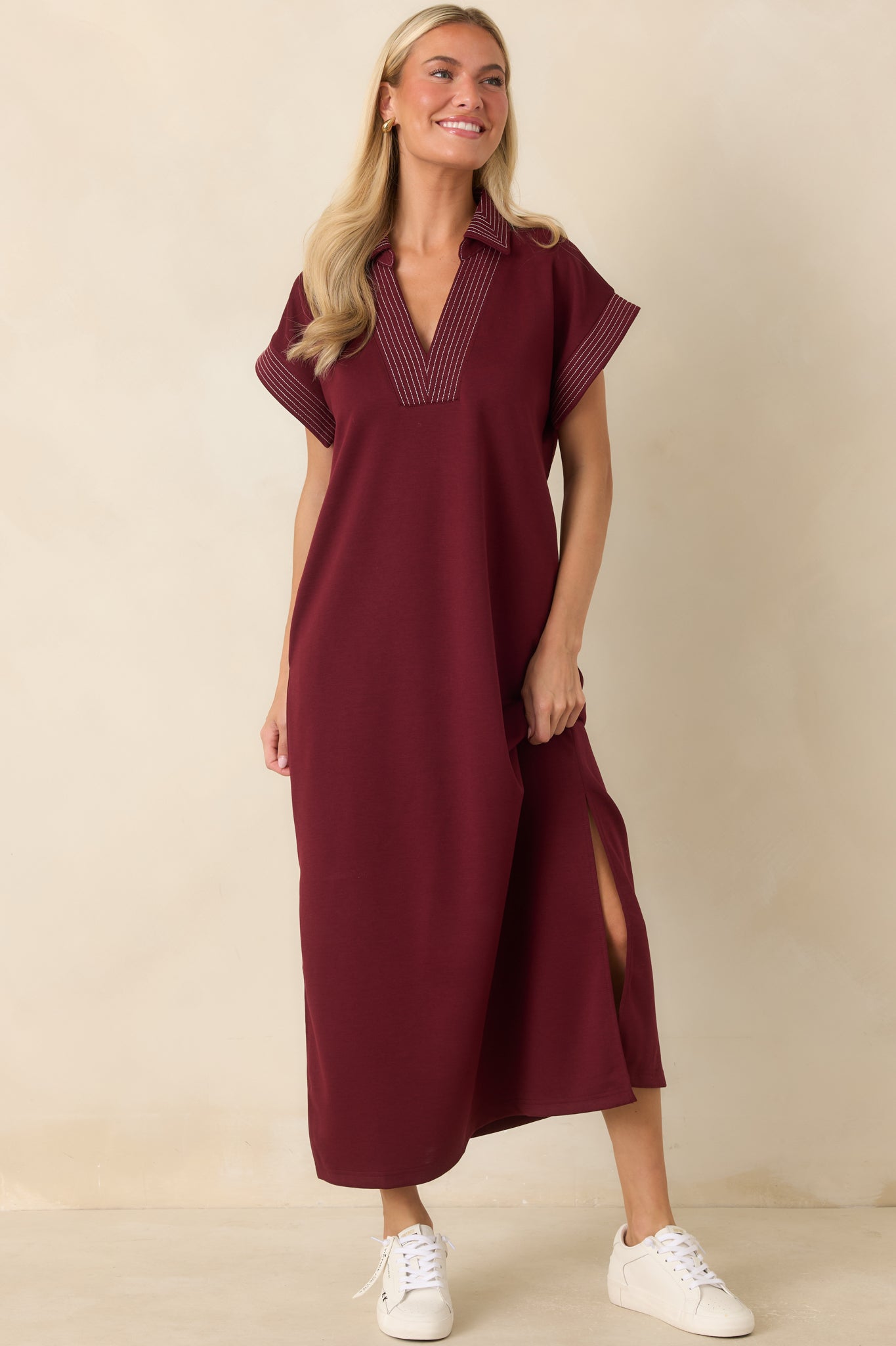 One Less Thing Wine V-Neck Contrast Pinstripe Maxi Dress