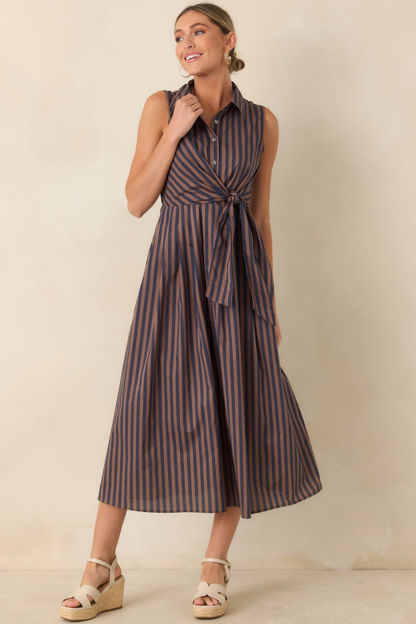 Taking Shape Navy & Tan Striped Tie Front Cotton Midi Dress
