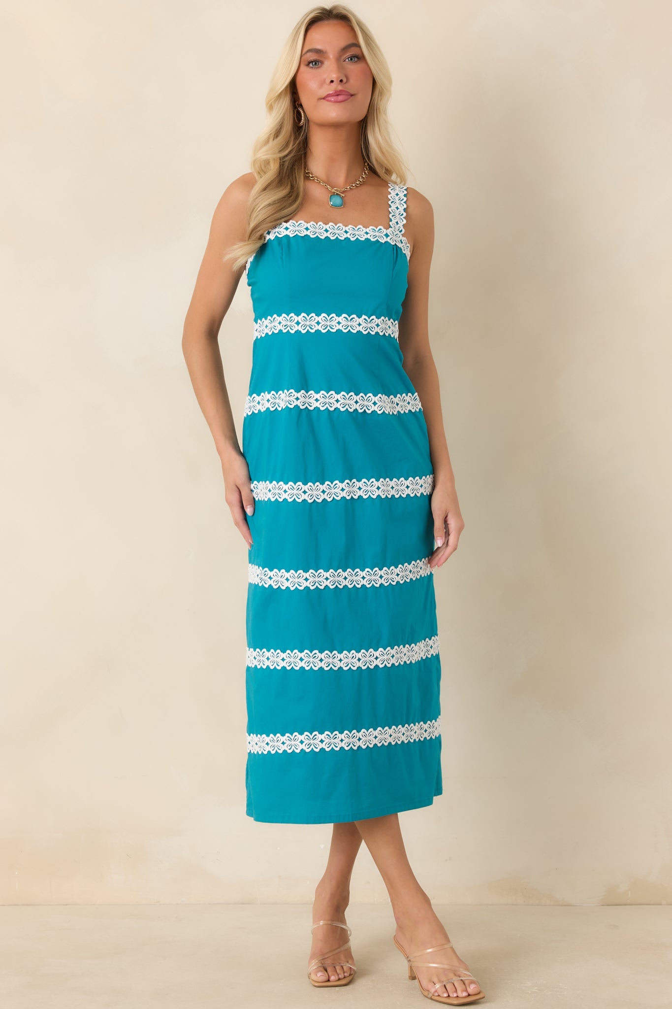 Couldn’t Stay Away Teal & Ivory Floral Lace Midi Dress
