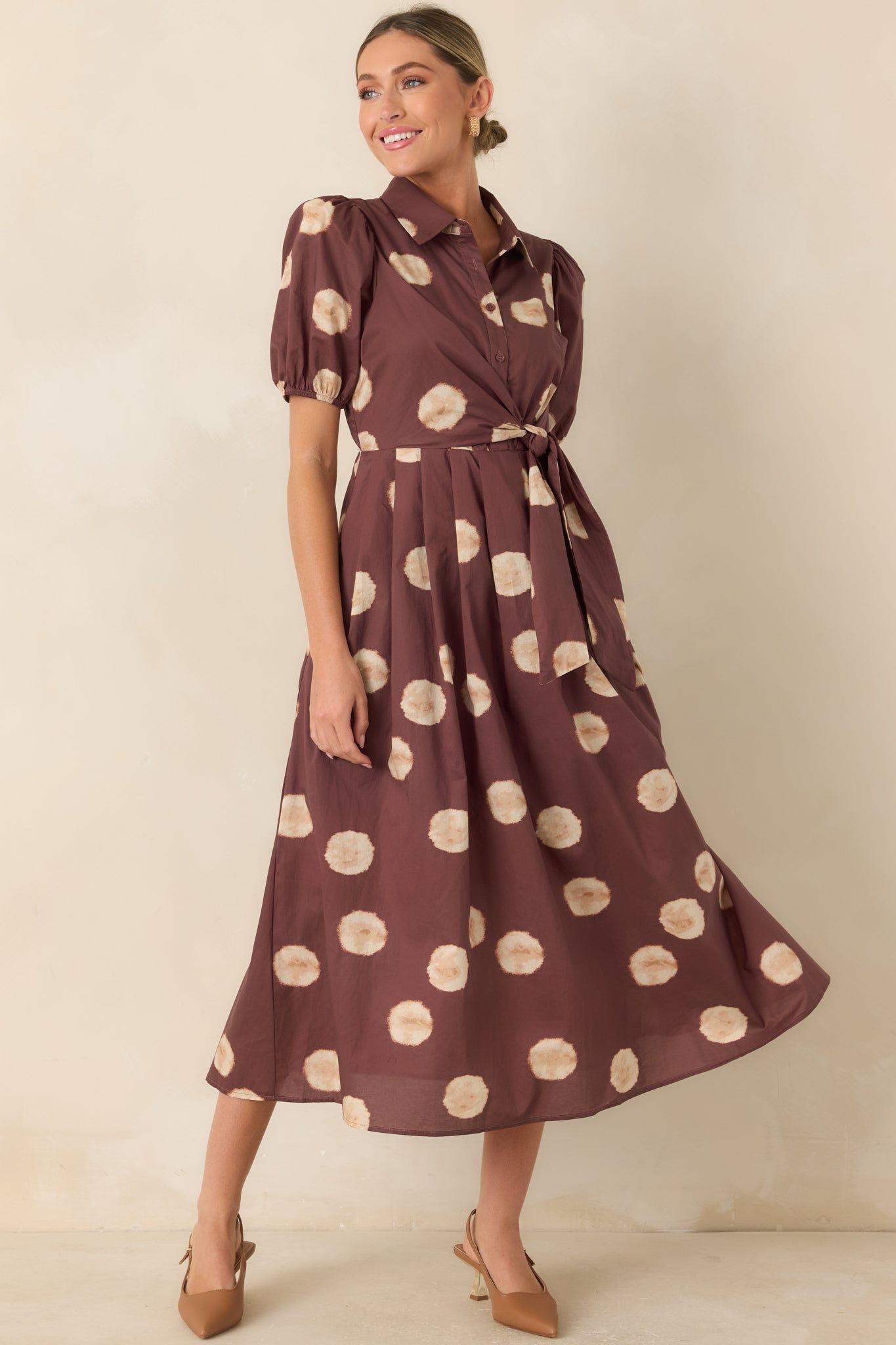 Gather Around Rust Brown Dot Print Cotton Midi Dress