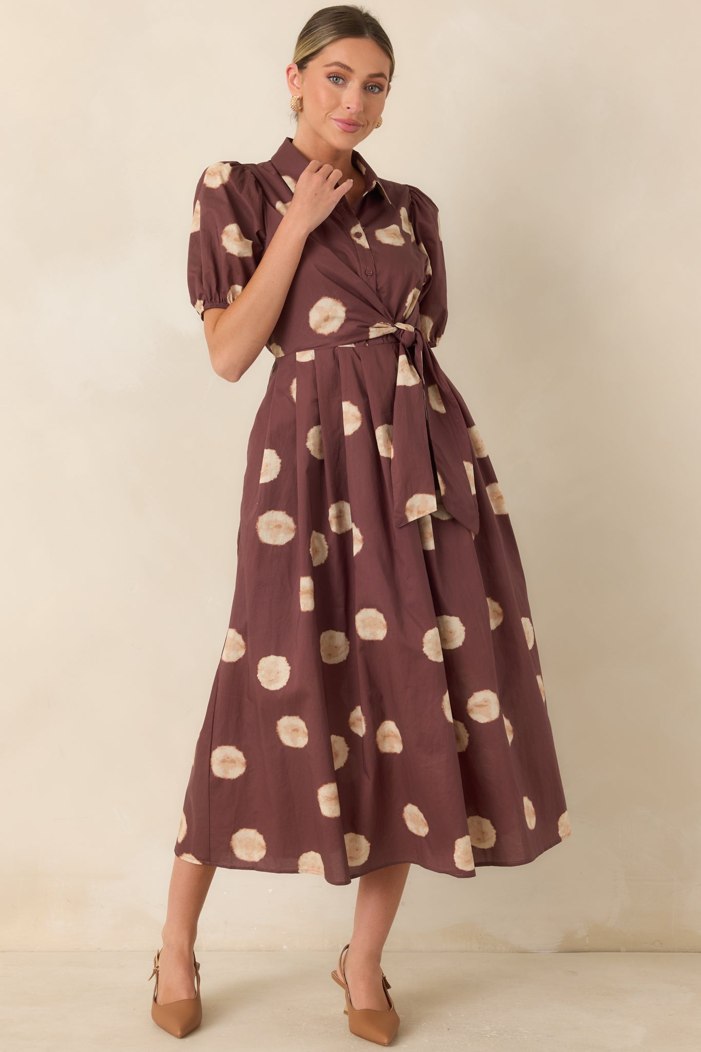 Gather Around Rust Brown Dot Print Cotton Midi Dress