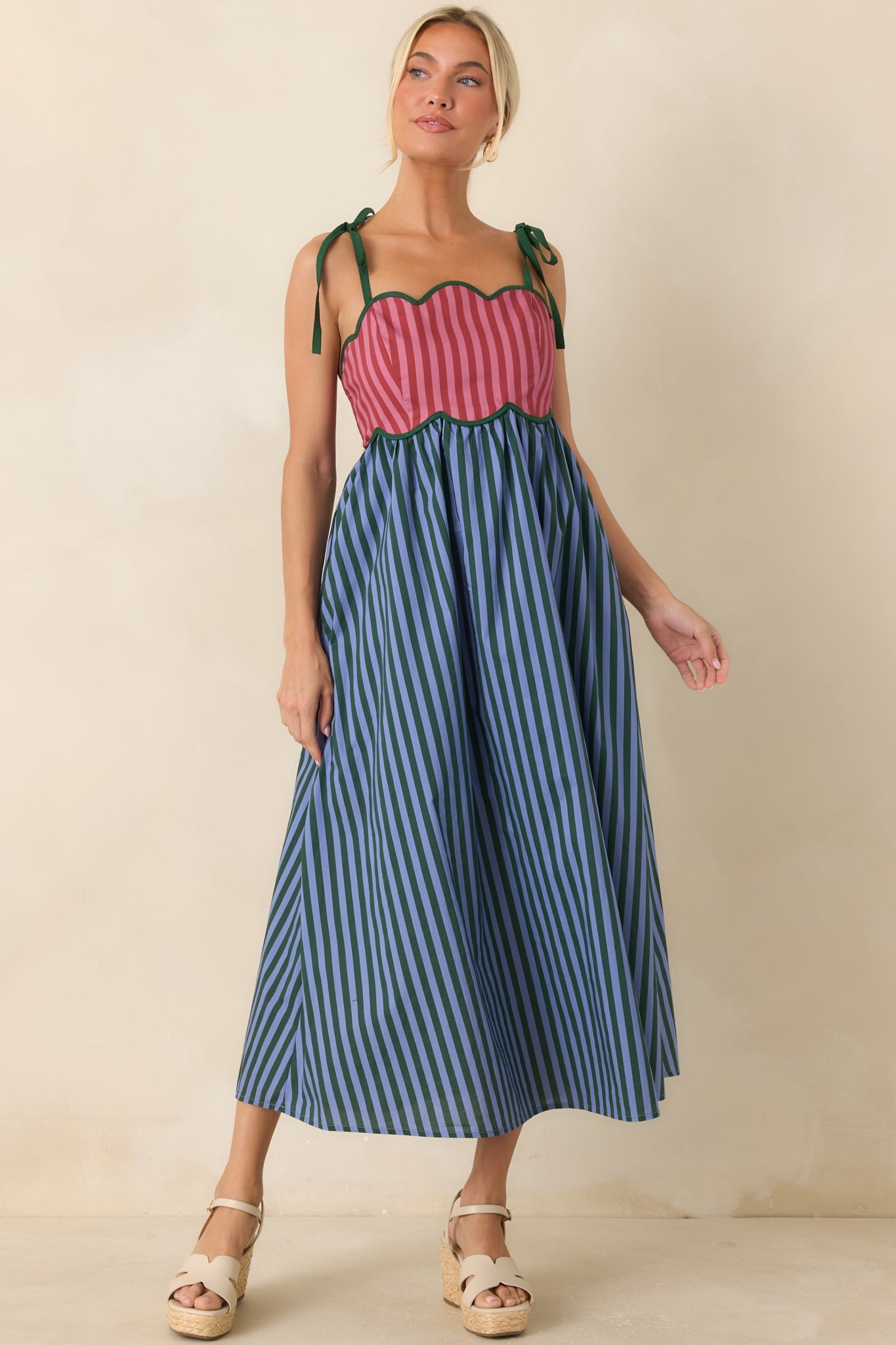 Wrong Place, Right Time Blue & Burgundy Stripe Cotton Midi Dress