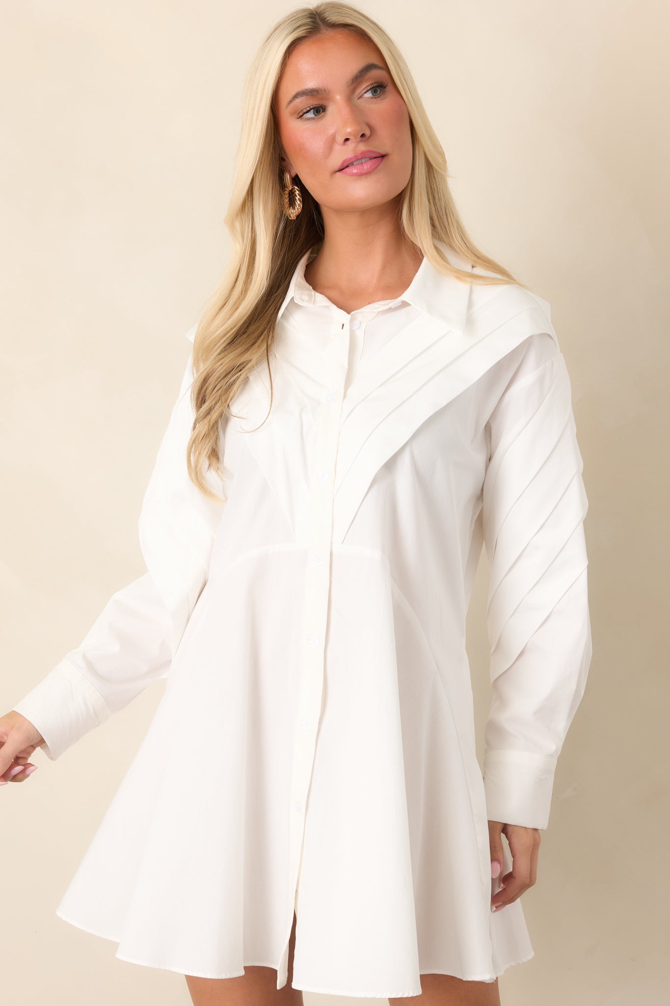 All The Angles White Cotton Pleated Detail Long Sleeve Button-Up Mini Dress
