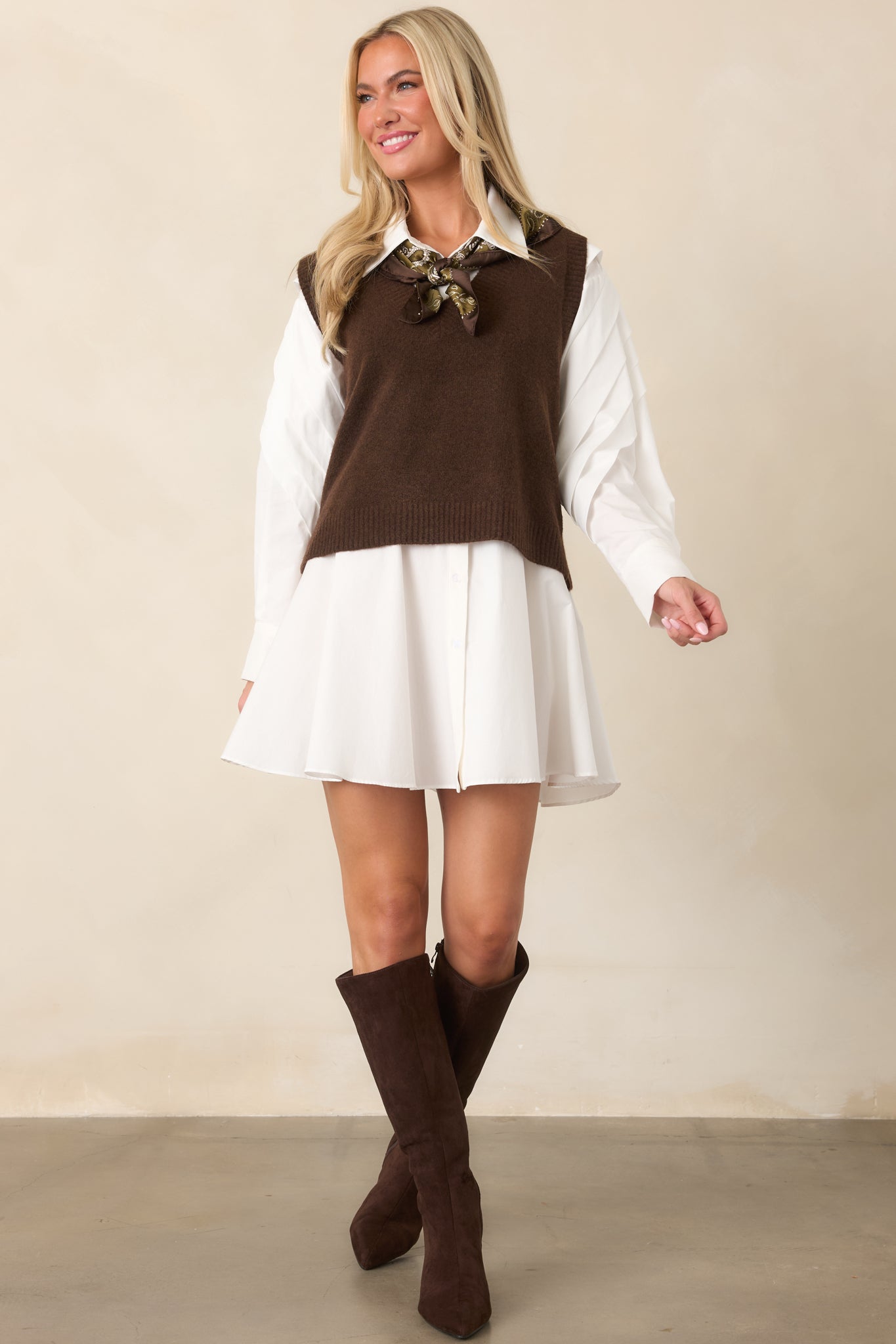 All The Angles White Cotton Pleated Detail Long Sleeve Button-Up Mini Dress