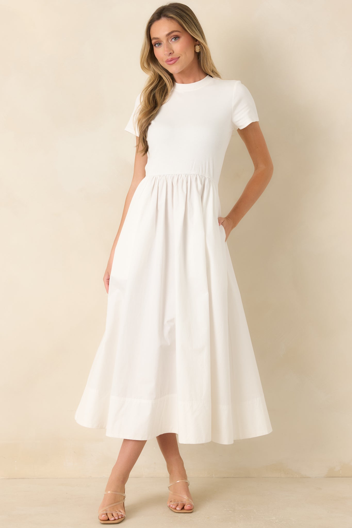 Prosperina Aria White Cotton Short Sleeve Midi Dress